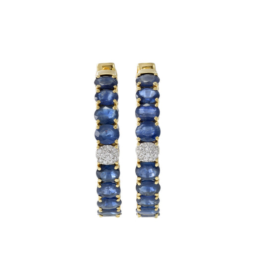 18KT Yellow Gold Sapphire And Diamond Round Hoop Earrings