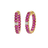 18KT Yellow Gold Oval Ruby And Diamond Hoop Earrings