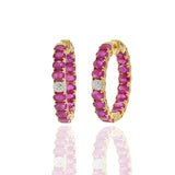 18KT Yellow Gold Oval Ruby And Diamond Hoop Earrings