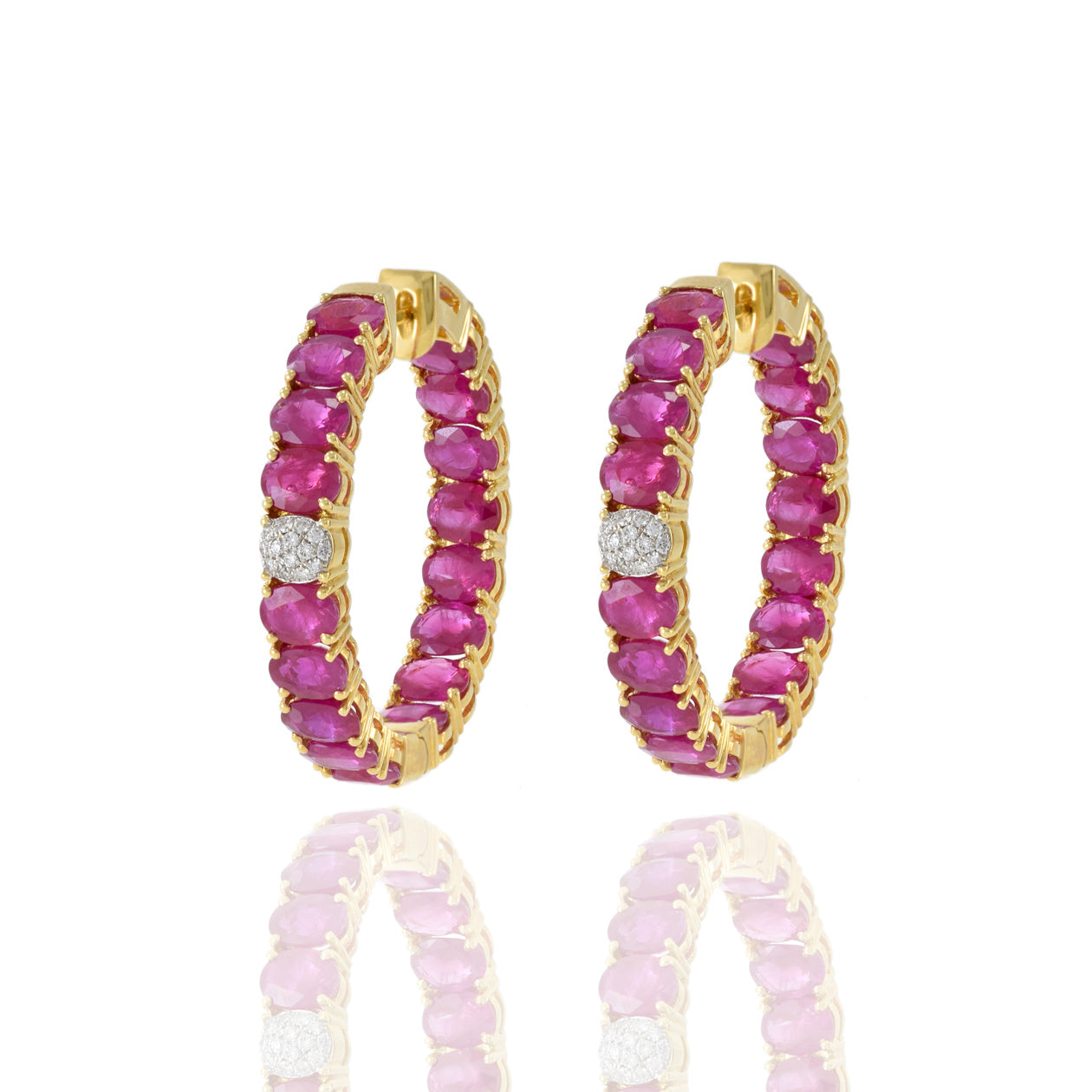 18KT Yellow Gold Oval Ruby And Diamond Hoop Earrings