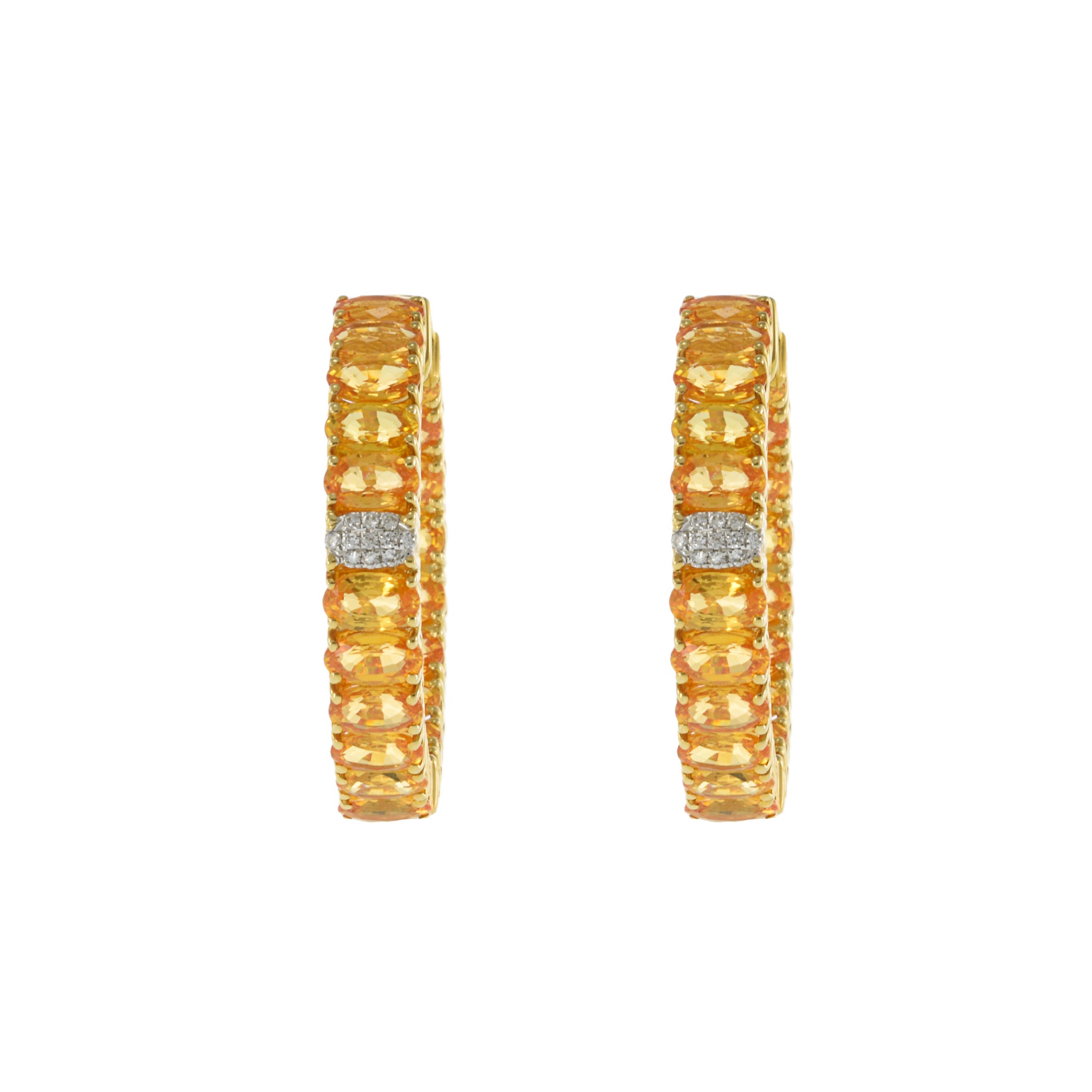 18KT Yellow Gold Oval Yellow Sapphire and Diamond Hoop Earrings