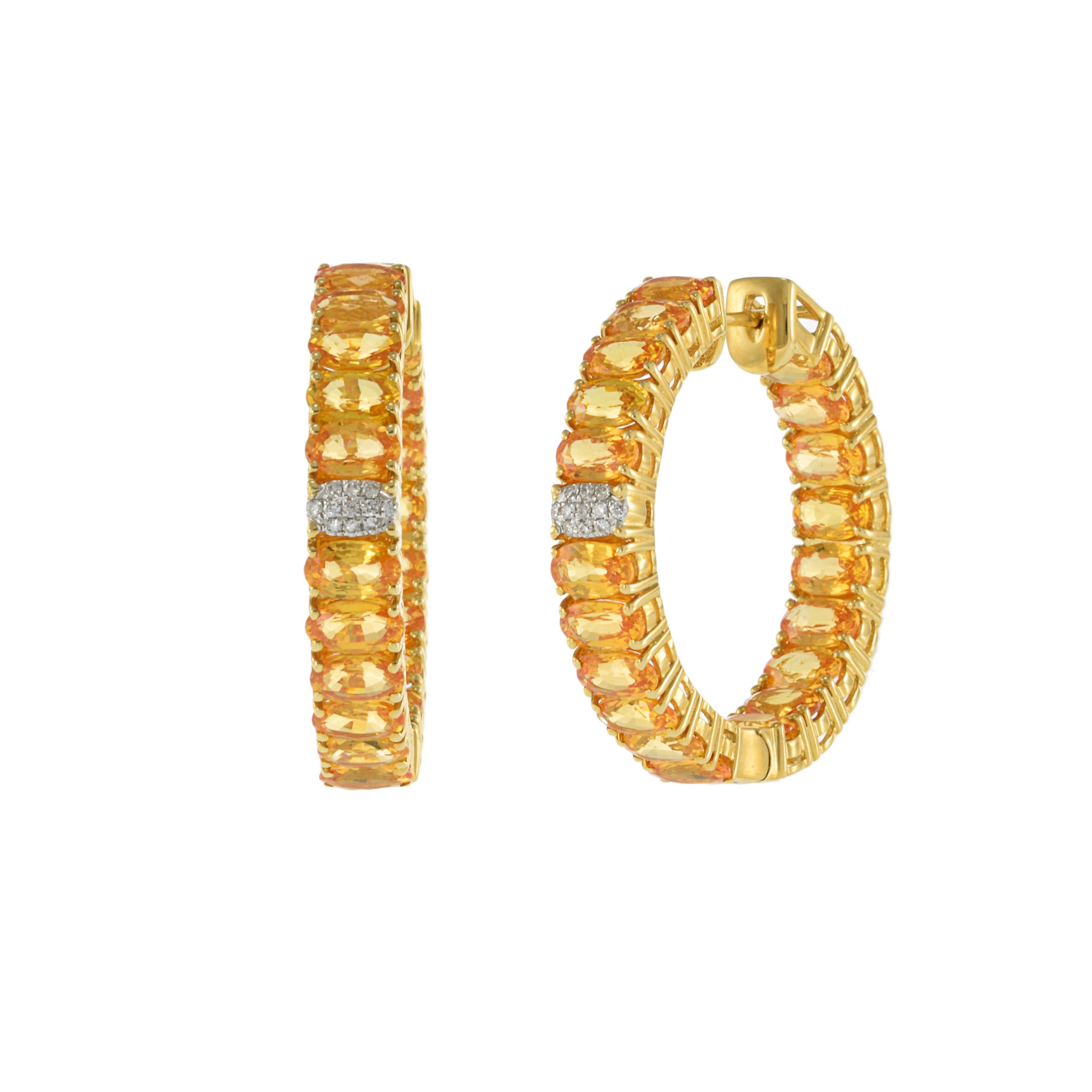 18KT Yellow Gold Oval Yellow Sapphire and Diamond Hoop Earrings