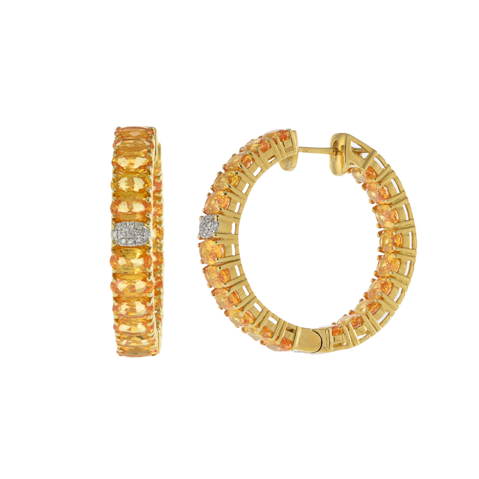 18KT Yellow Gold Oval Yellow Sapphire and Diamond Hoop Earrings