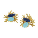 Vintage 18KT Yellow Gold Lapis Lazuli, Turquoise, and Diamond Floral Earrings