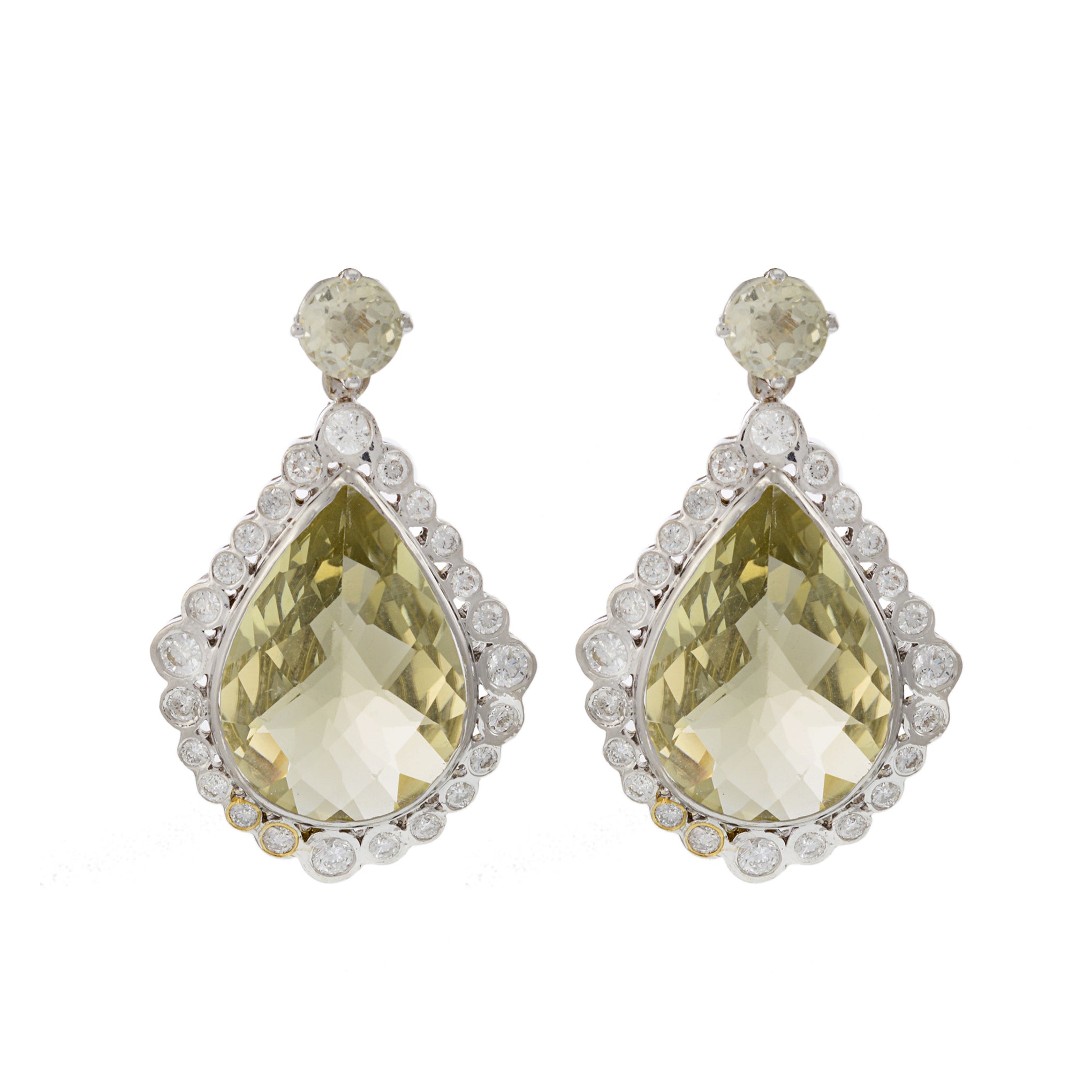 Vintage 18KT White Gold Lemon Citrine and Diamond Drop Earrings