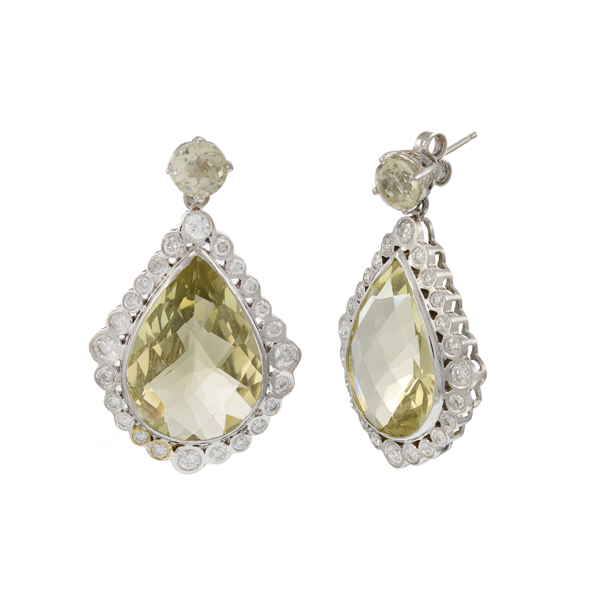 Vintage 18KT White Gold Lemon Citrine and Diamond Drop Earrings