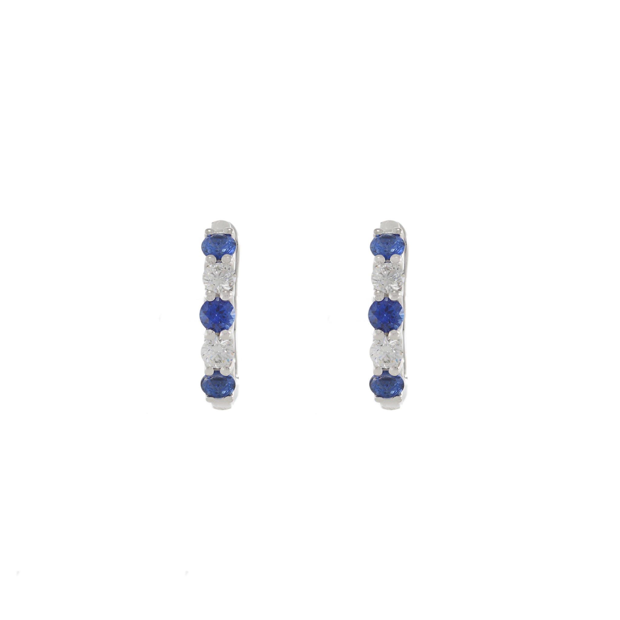 18KT White Gold Huggie Earrings with Alternating Round Cut Diamonds and Blue Sapphires