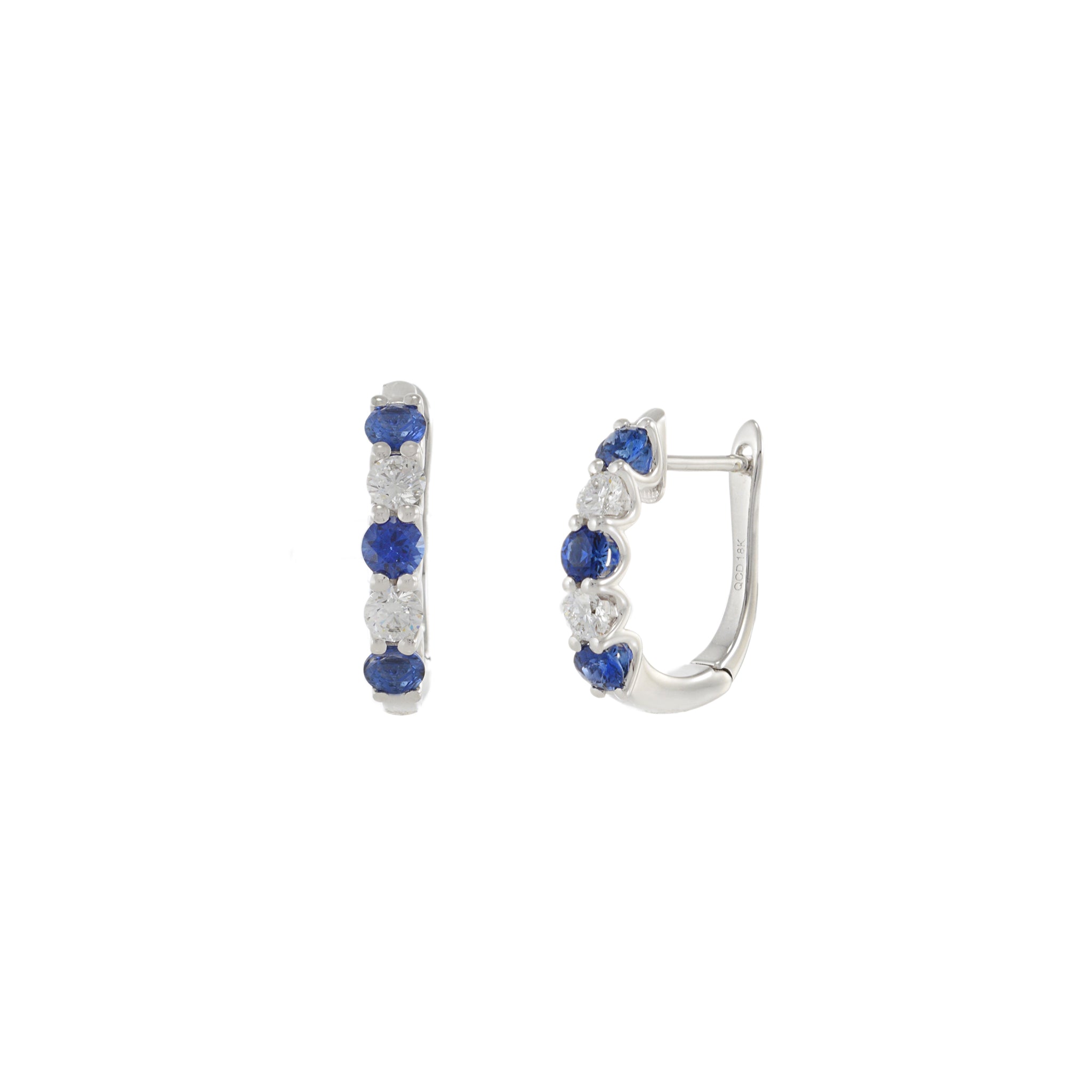 18KT White Gold Huggie Earrings with Alternating Round Cut Diamonds and Blue Sapphires