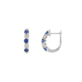 18KT White Gold Huggie Earrings with Alternating Round Cut Diamonds and Blue Sapphires