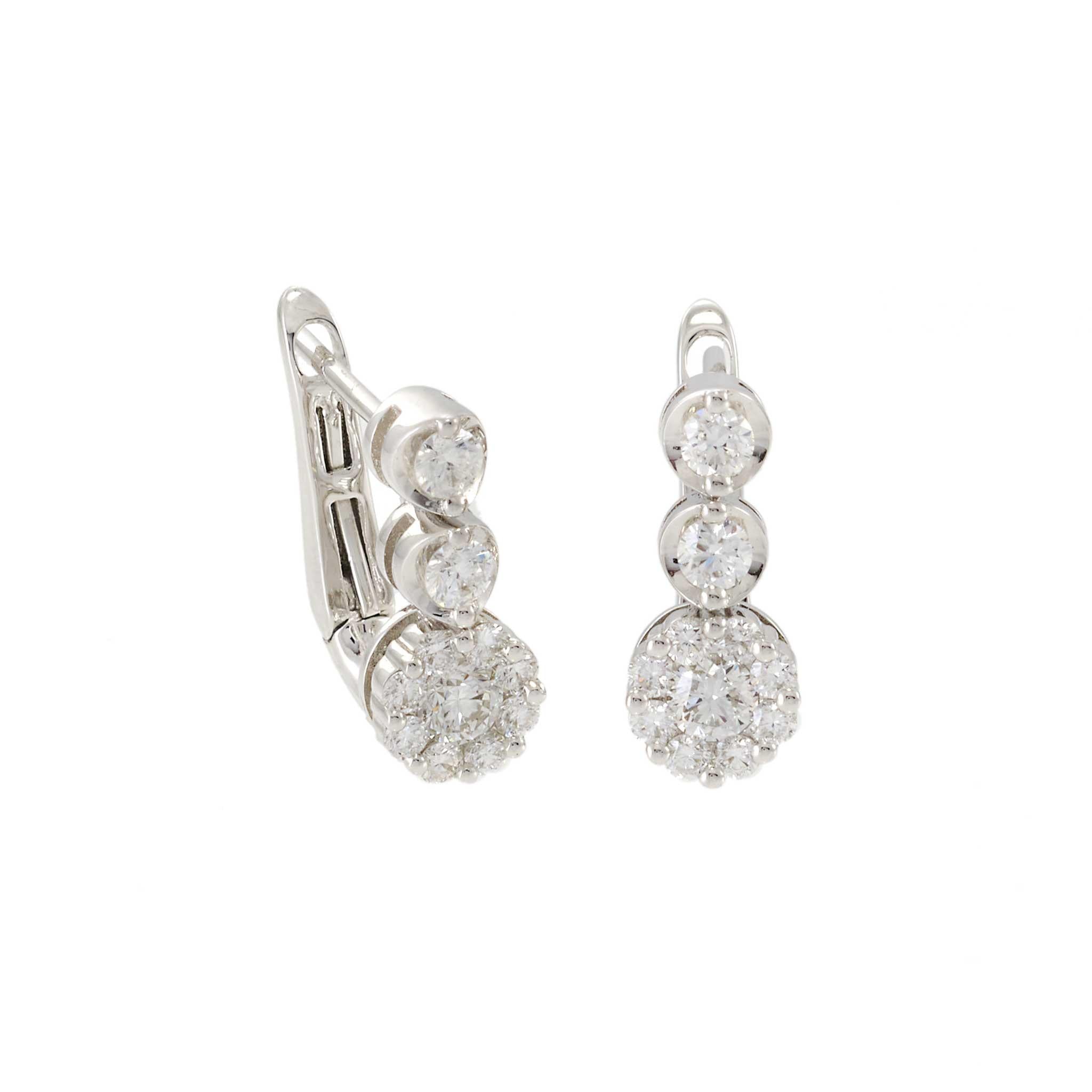 18KT White Gold Graduated Diamond Flower Cluster Huggie Earrings