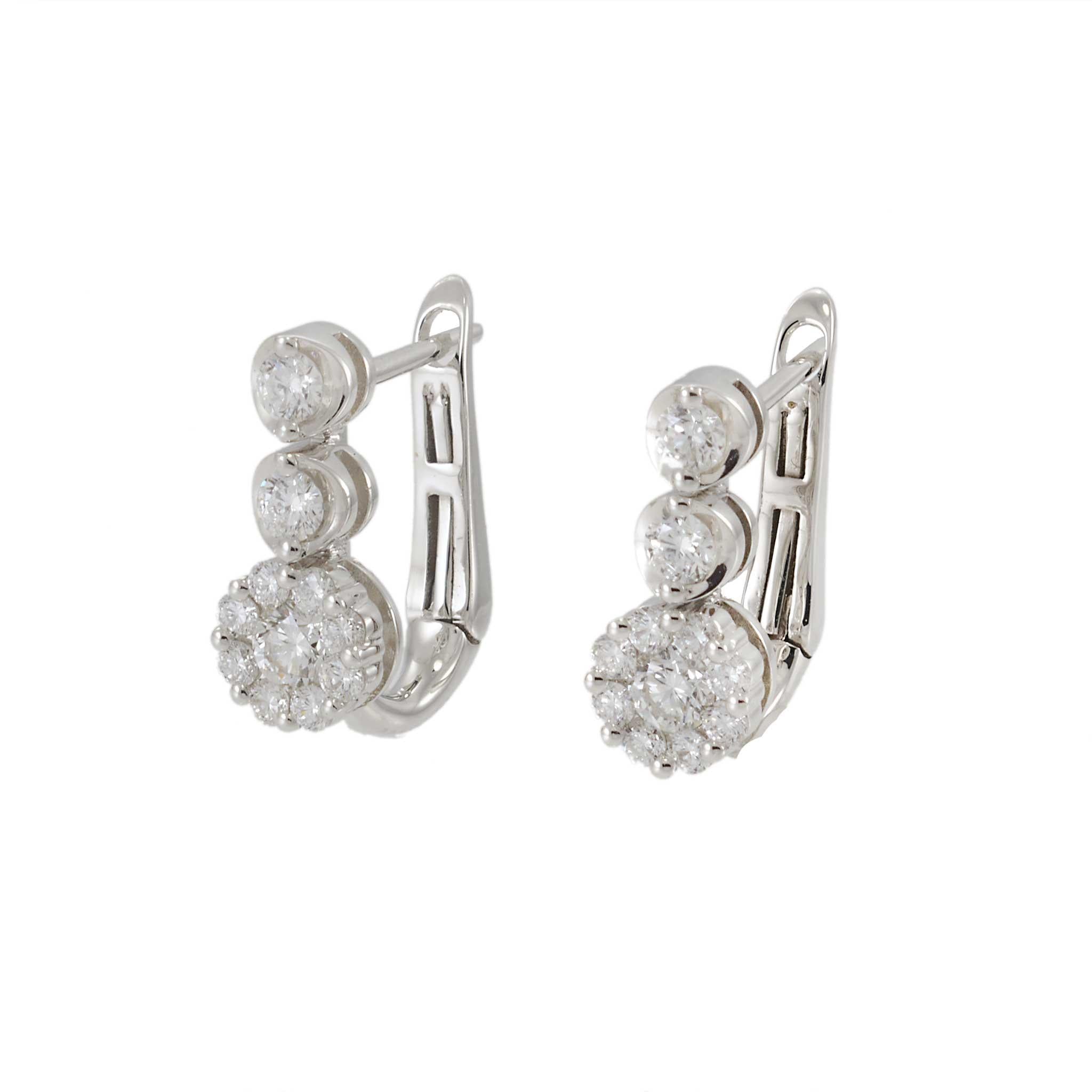 18KT White Gold Graduated Diamond Flower Cluster Huggie Earrings