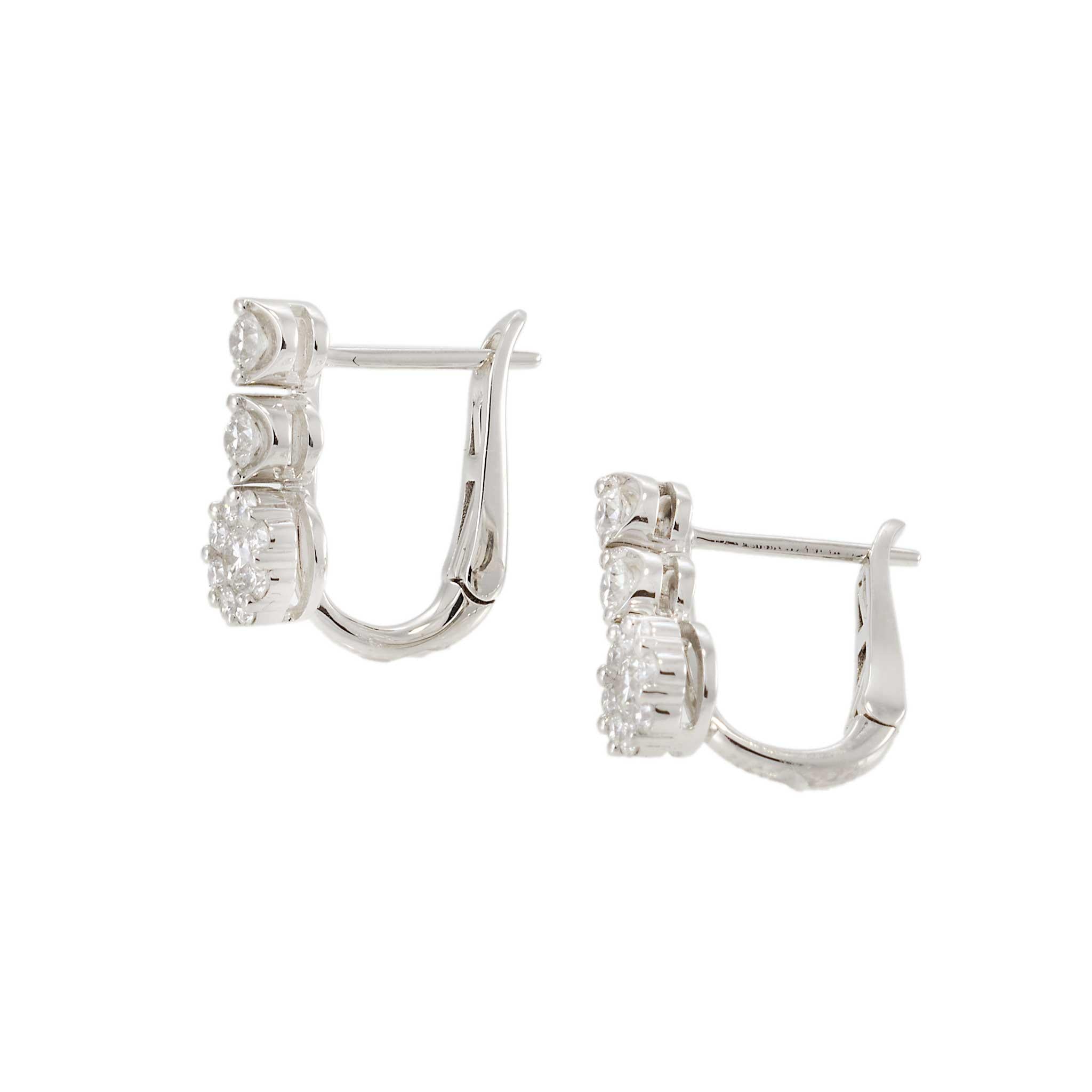 18KT White Gold Graduated Diamond Flower Cluster Huggie Earrings