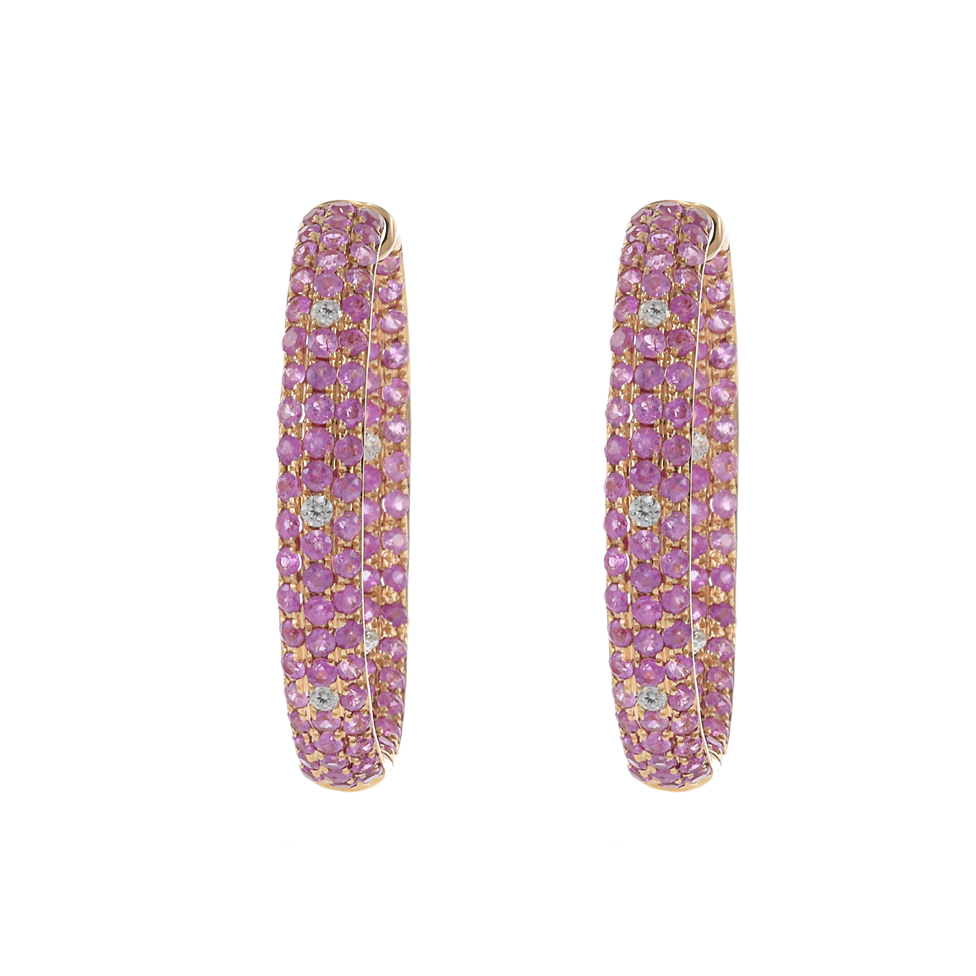 18KT Rose Gold Round Cut Diamond and Pink Sapphire Oval Hoop Earrings