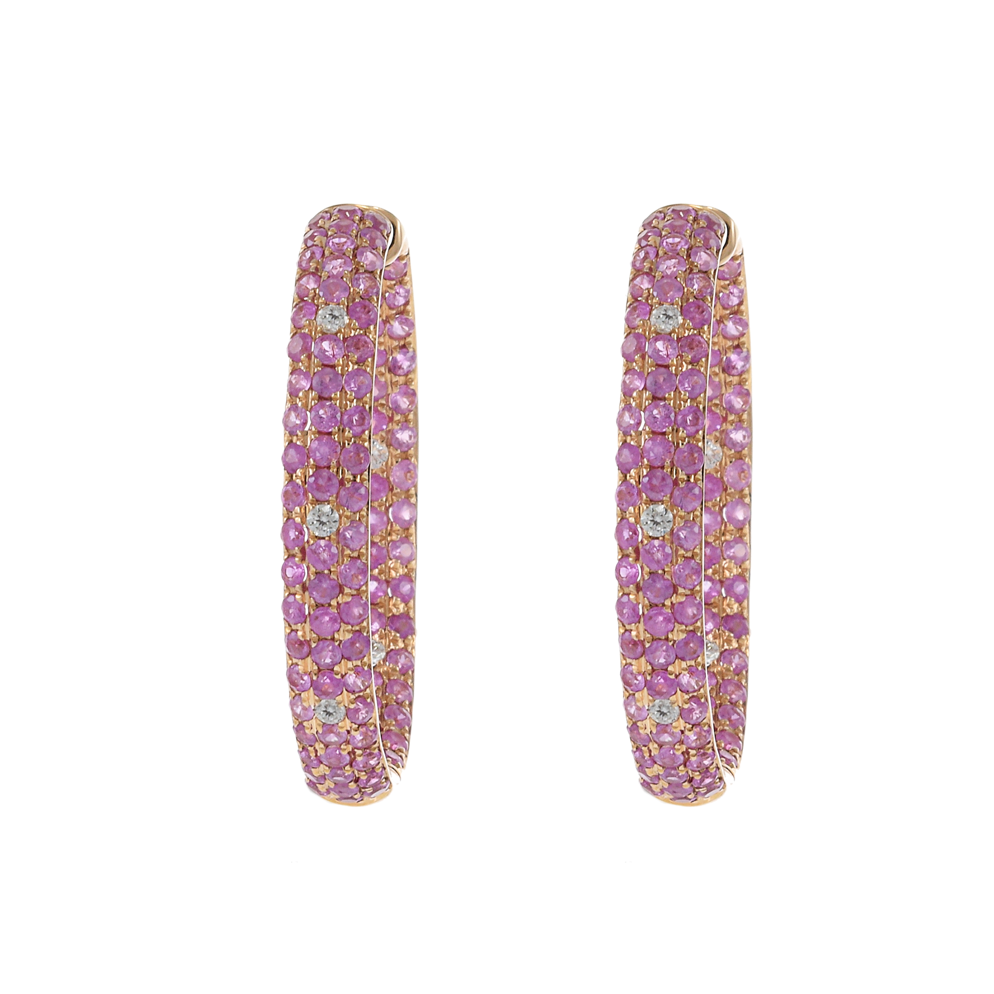 18KT Rose Gold Round Cut Diamond and Pink Sapphire Oval Hoop Earrings