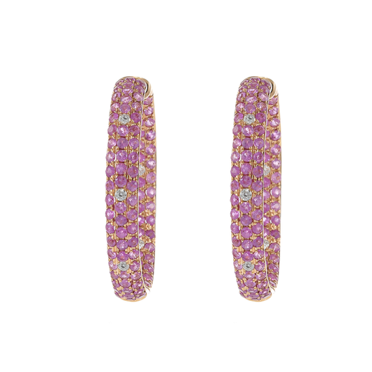 18KT Rose Gold Round Cut Diamond and Pink Sapphire Oval Hoop Earrings