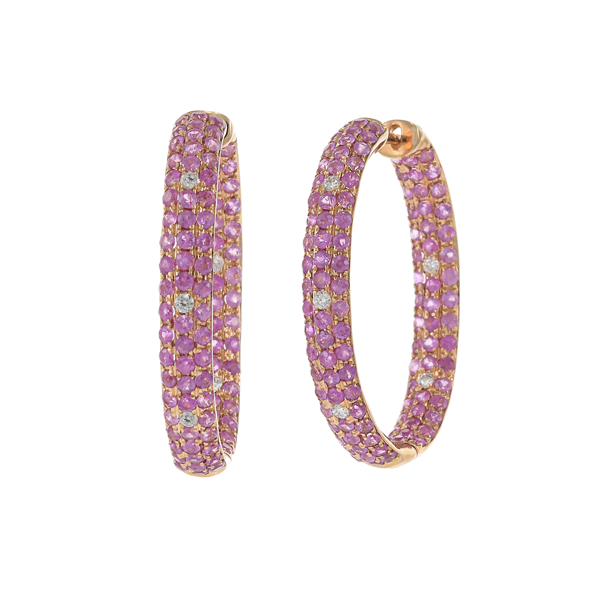 18KT Rose Gold Round Cut Diamond and Pink Sapphire Oval Hoop Earrings