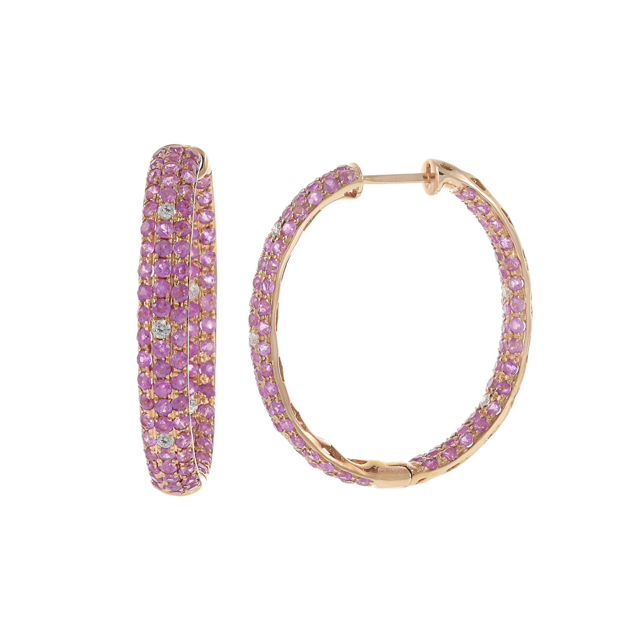 18KT Rose Gold Round Cut Diamond and Pink Sapphire Oval Hoop Earrings