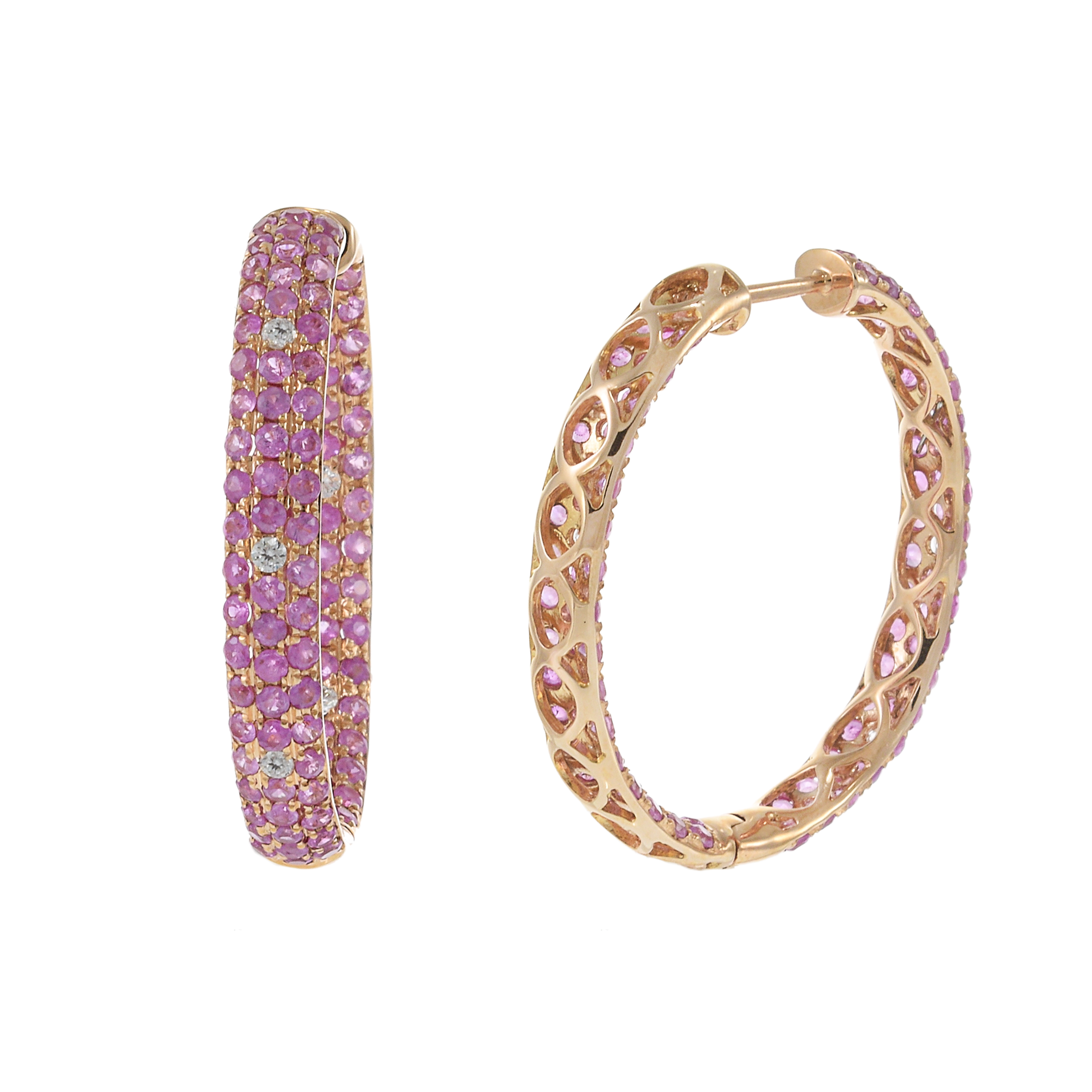 18KT Rose Gold Round Cut Diamond and Pink Sapphire Oval Hoop Earrings