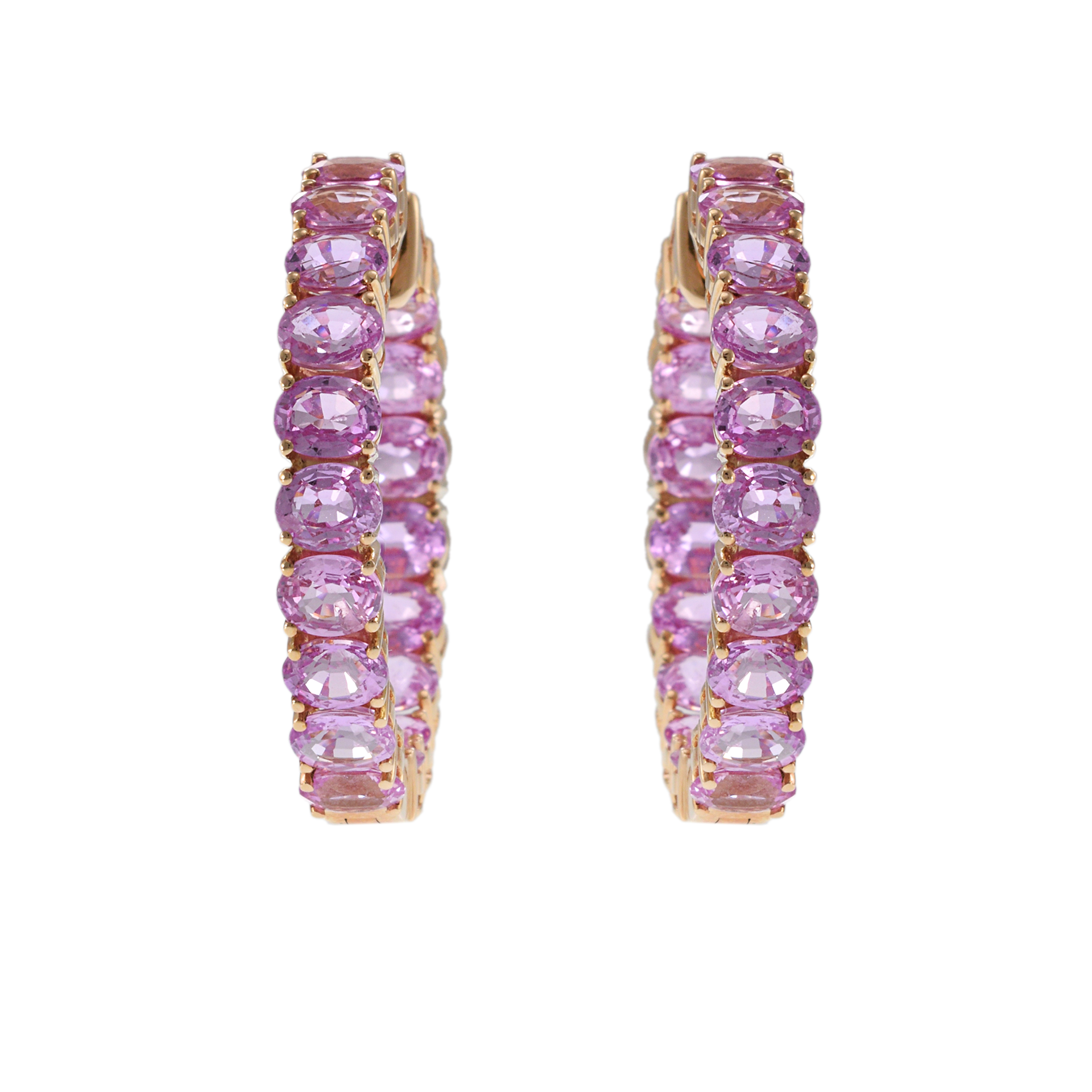 18KT Rose Gold Round Hoop Earrings with Oval Pink Sapphires