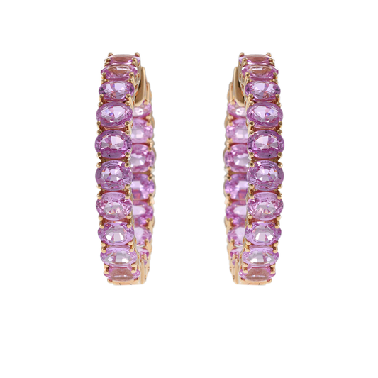 18KT Rose Gold Round Hoop Earrings with Oval Pink Sapphires