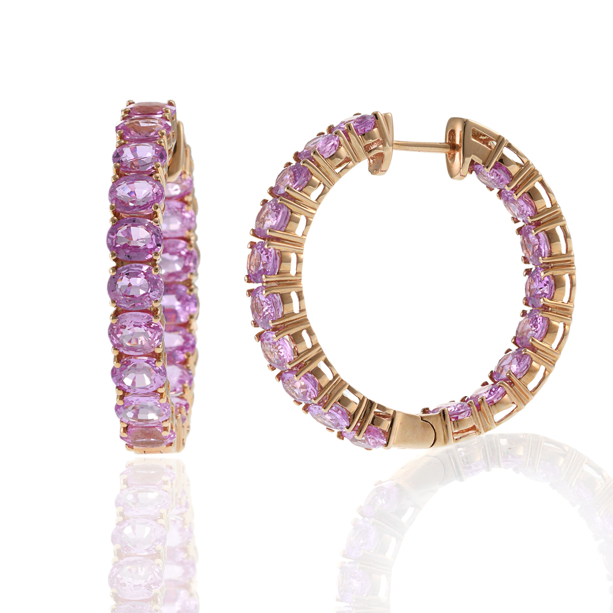 18KT Rose Gold Round Hoop Earrings with Oval Pink Sapphires