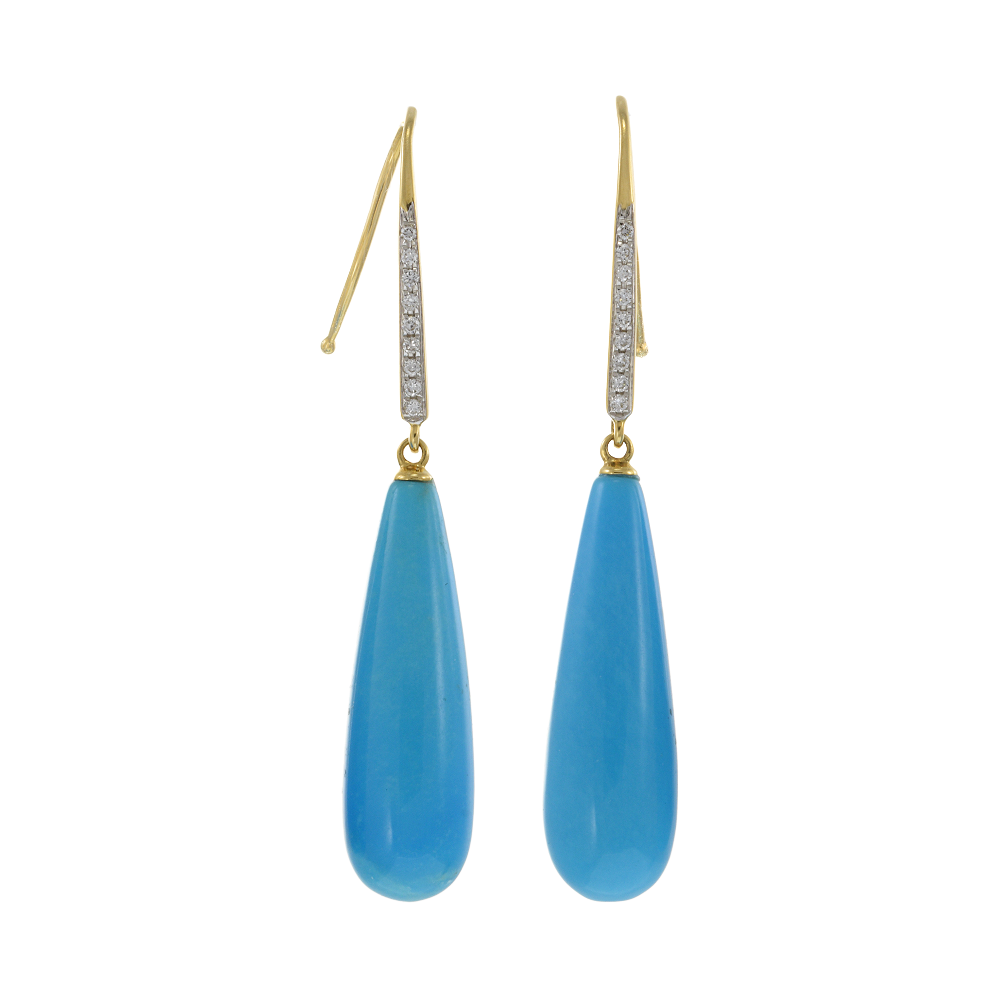 18KT Yellow Gold Round Cut Diamonds and Turquoise Drop Earrings