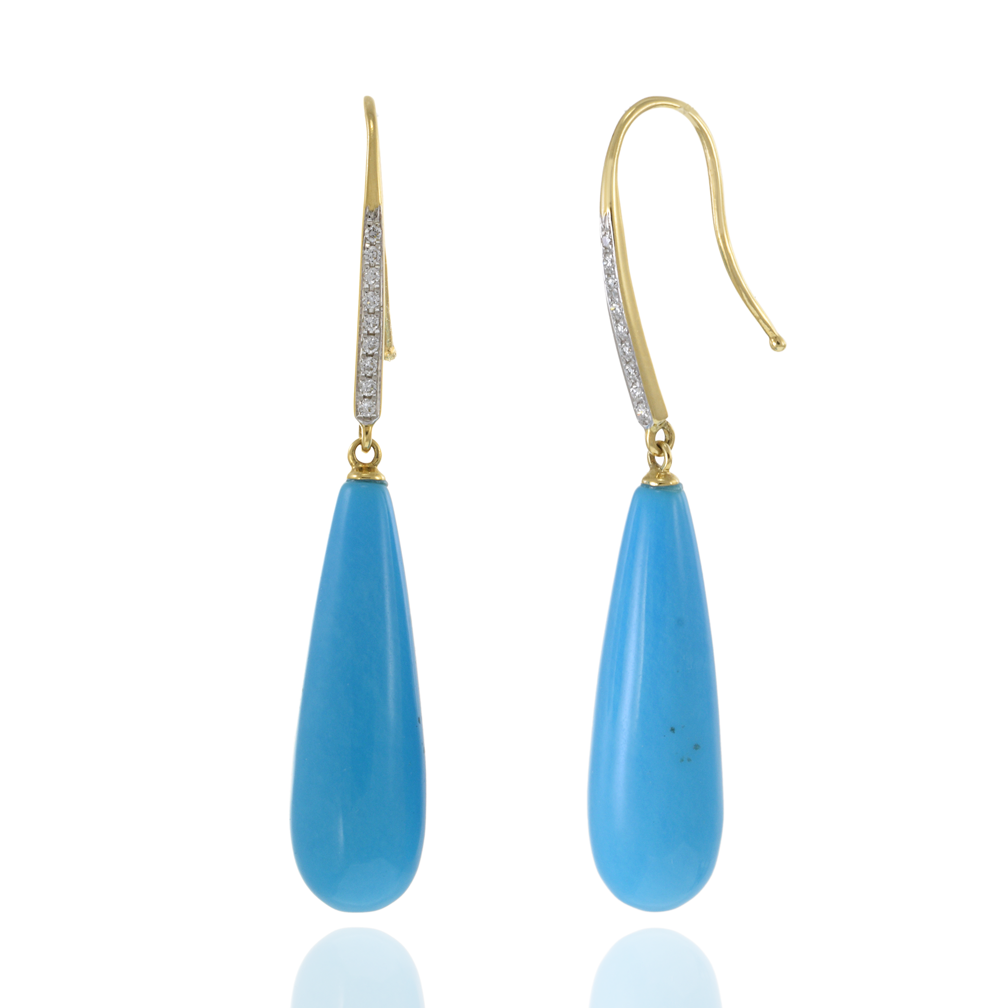 18KT Yellow Gold Round Cut Diamonds and Turquoise Drop Earrings