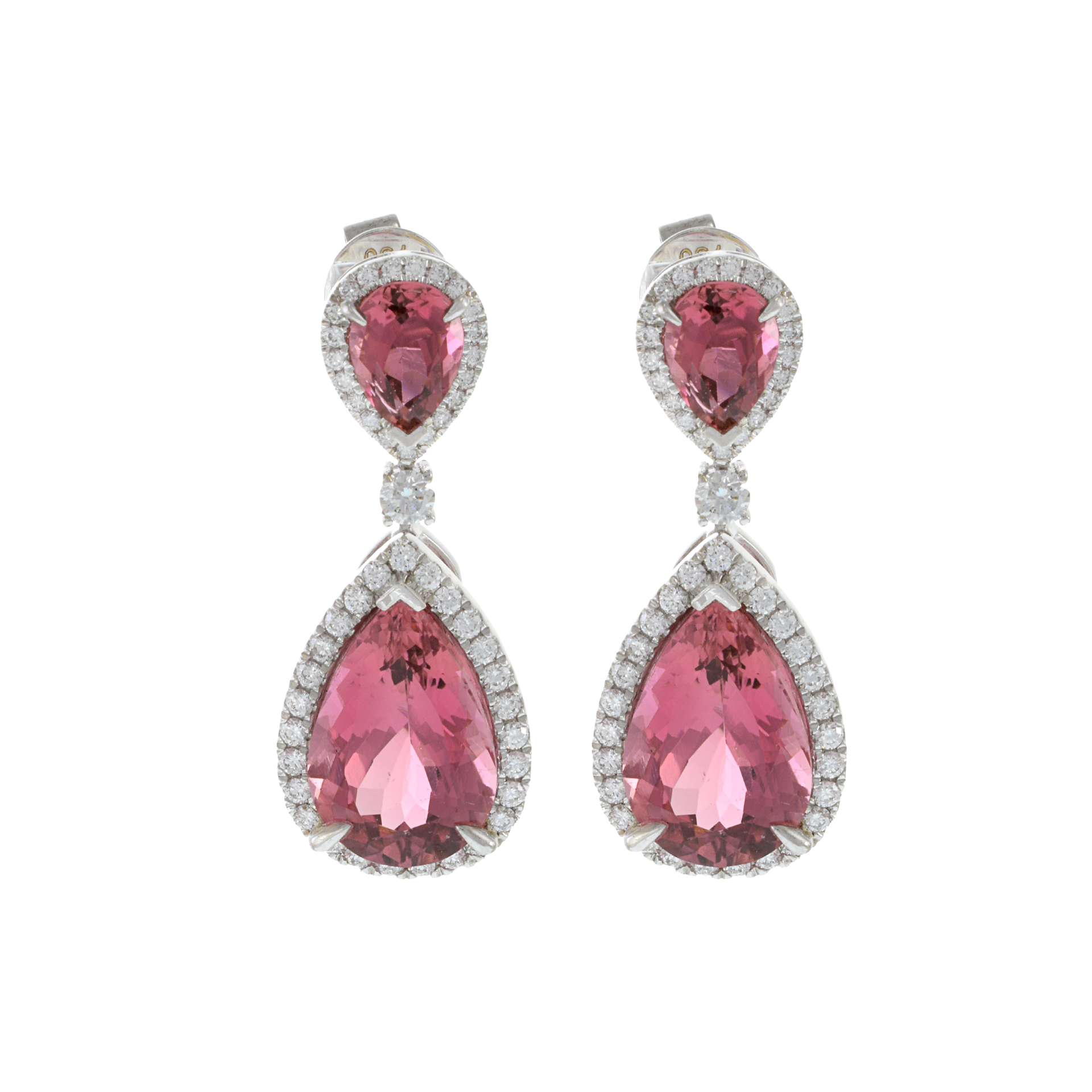 18KT White Gold Pink Tourmaline and Diamond Drop Earrings