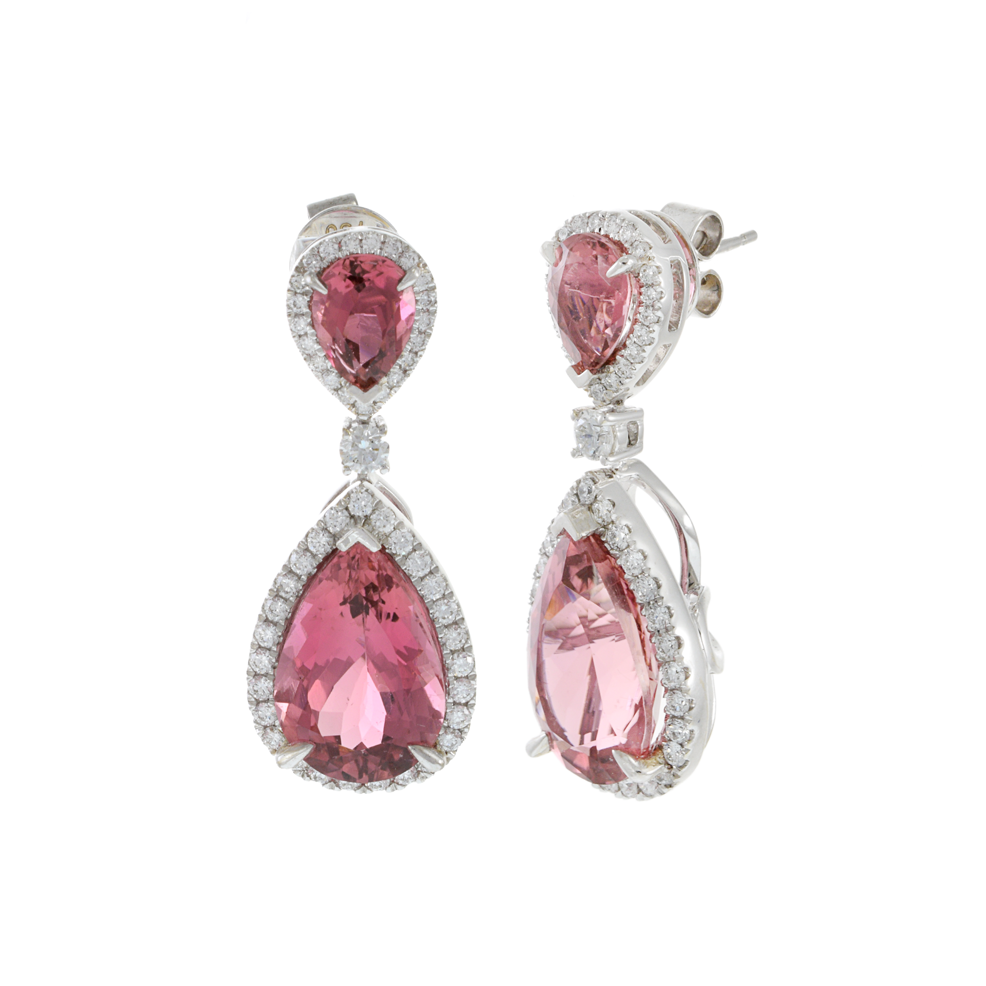 18KT White Gold Pink Tourmaline and Diamond Drop Earrings