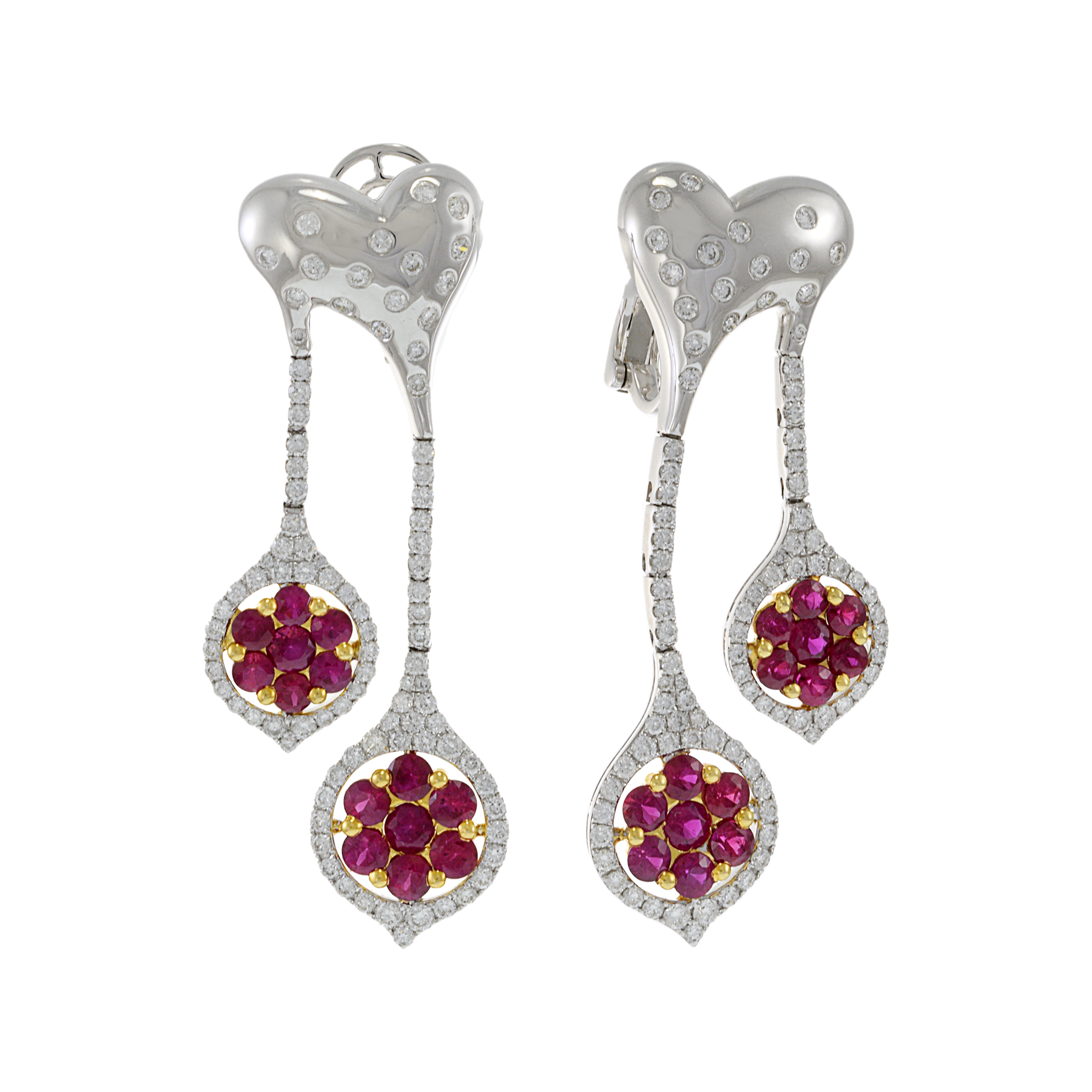 18KT Two-Tone Gold Double Heart Cluster Drop Earrings with Diamonds and Rubies