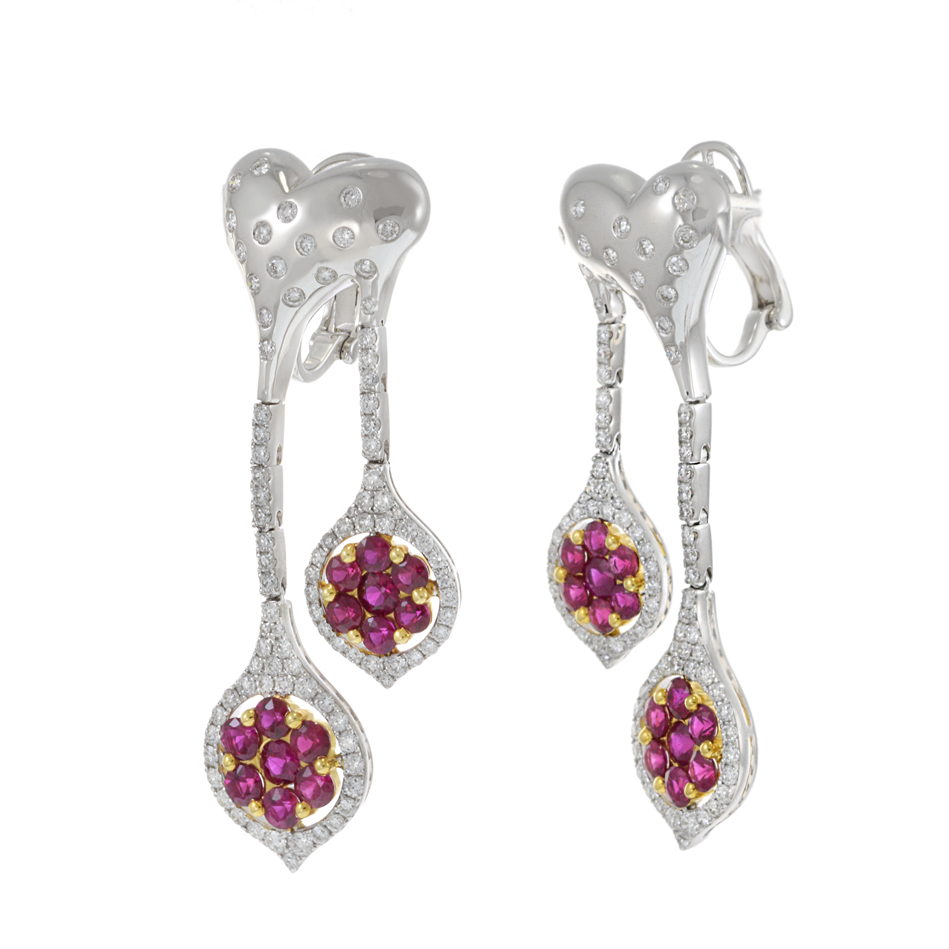 18KT Two-Tone Gold Double Heart Cluster Drop Earrings with Diamonds and Rubies