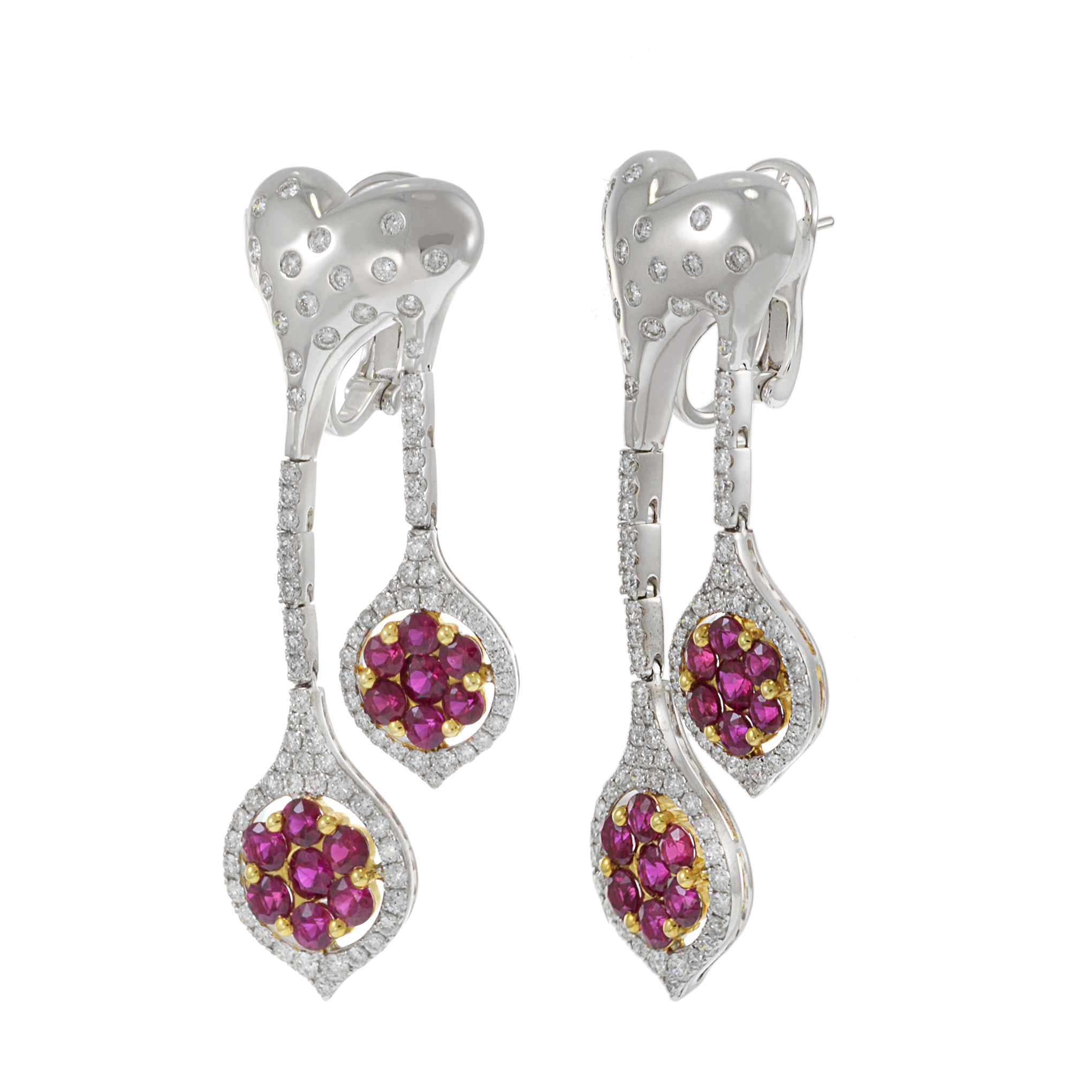 18KT Two-Tone Gold Double Heart Cluster Drop Earrings with Diamonds and Rubies