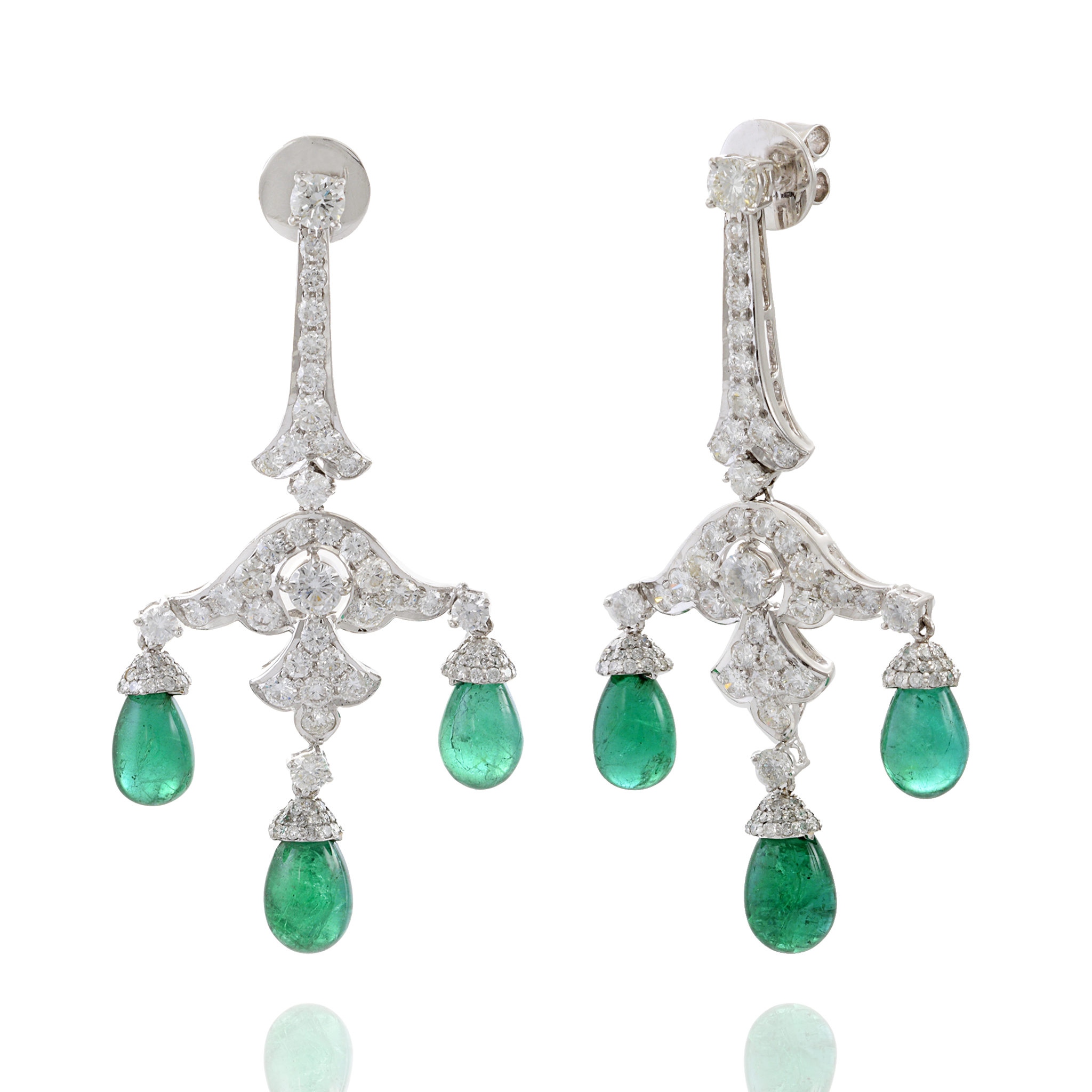 18KT White Gold Genuine Emerald and Diamond Chandelier Earrings