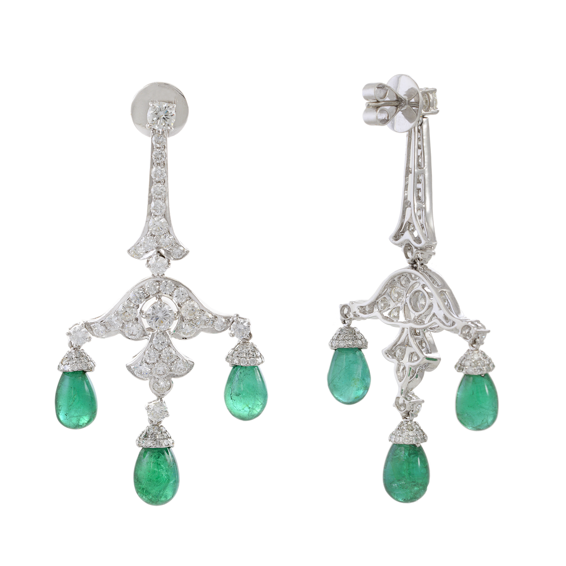 18KT White Gold Genuine Emerald and Diamond Chandelier Earrings