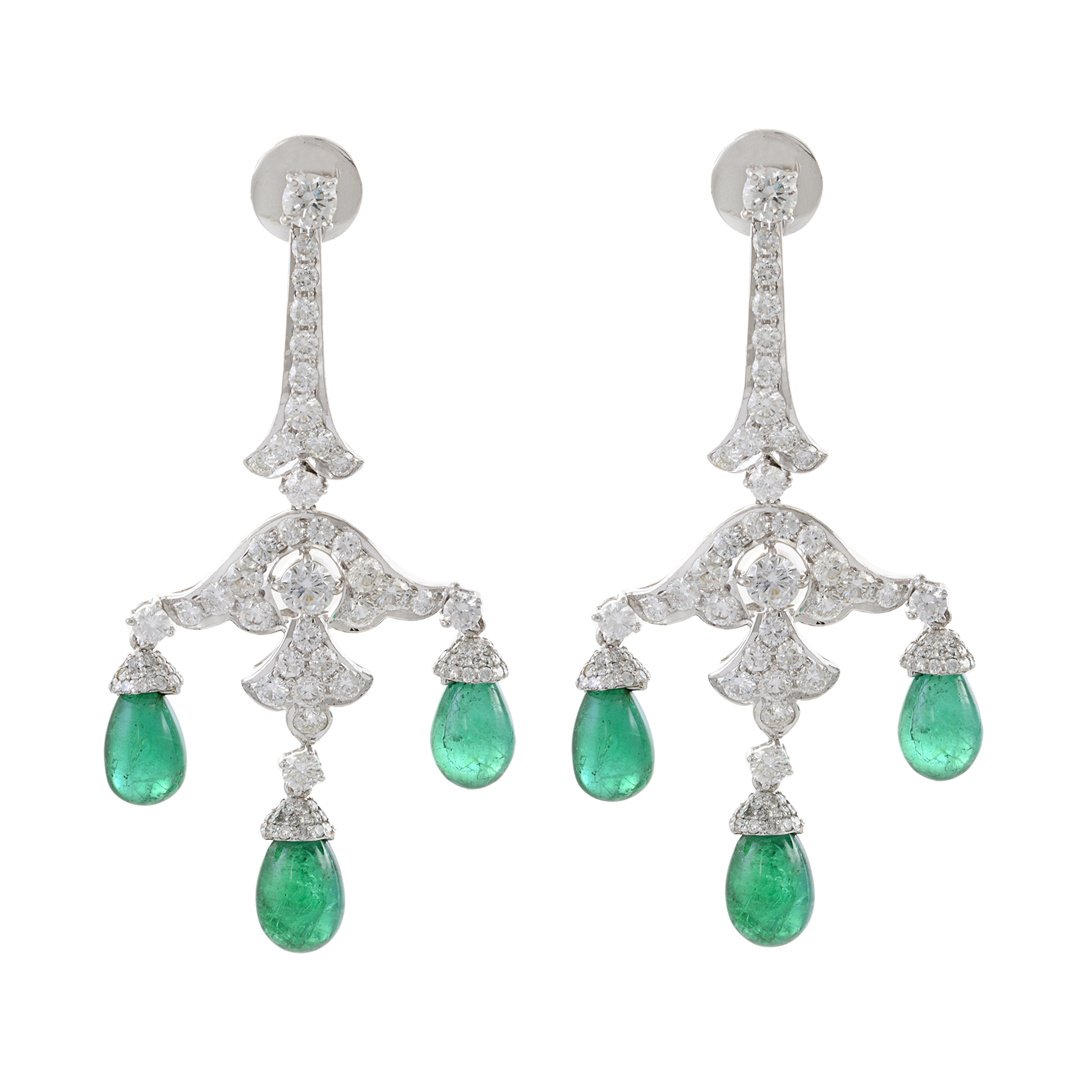 18KT White Gold Genuine Emerald and Diamond Chandelier Earrings