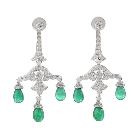 18KT White Gold Genuine Emerald and Diamond Chandelier Earrings