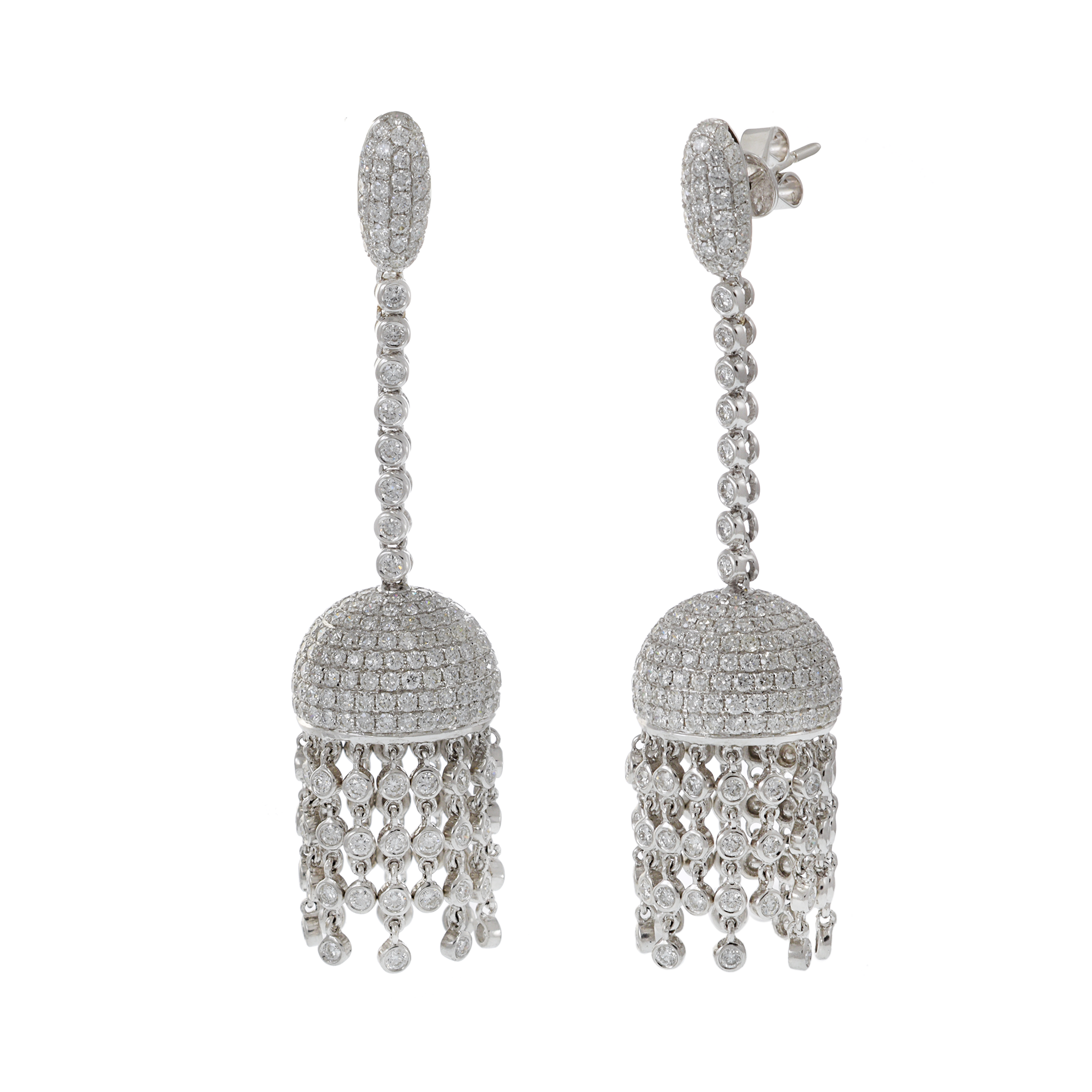 18KT White Gold Bezel Set Round Cut Diamond Hanging Chandelier Earrings