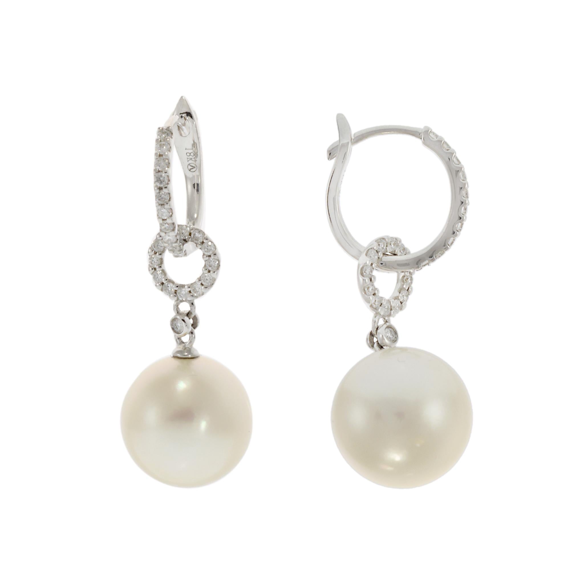 18KT White Gold Diamond and South Sea Pearl Drop Earrings