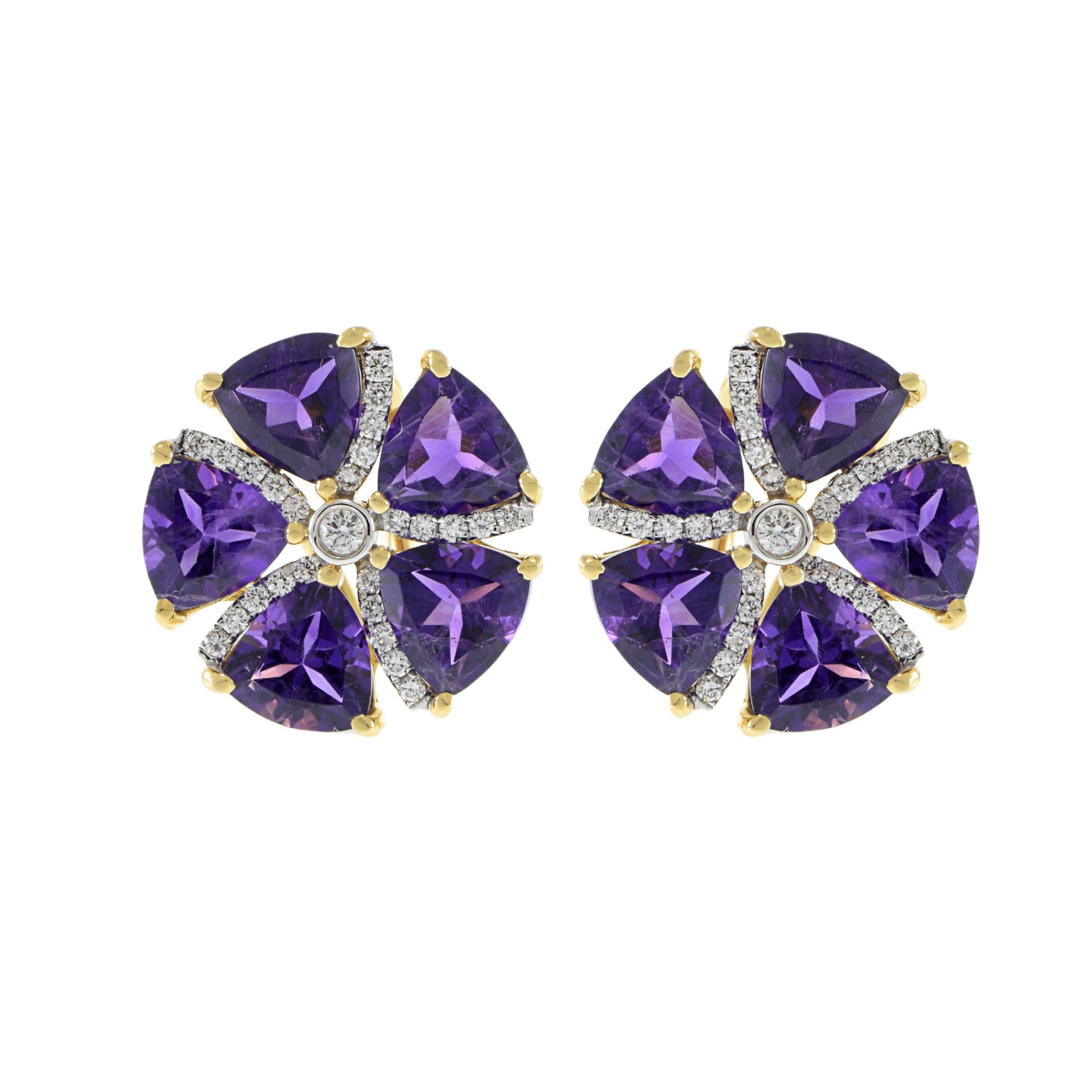 18KT Yellow Gold Amethyst and Diamond Circular Flower Earrrings