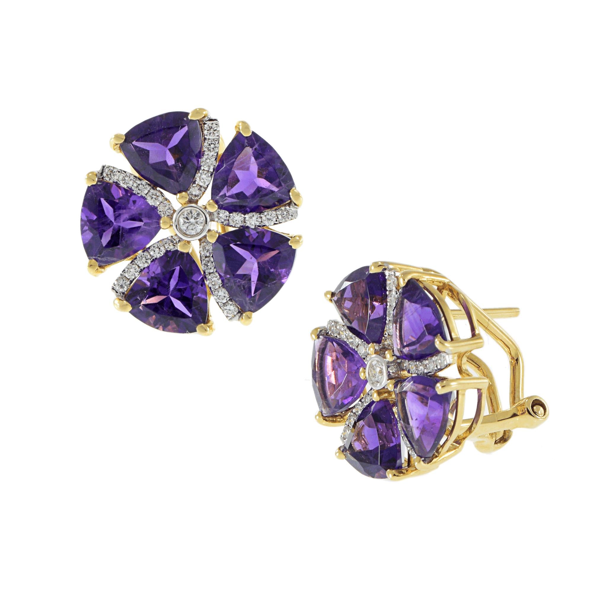 18KT Yellow Gold Amethyst and Diamond Circular Flower Earrrings