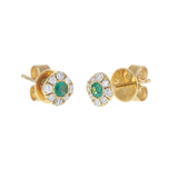 18KT Yellow Gold Emerald and Diamond Halo Cushion Stud Earrings