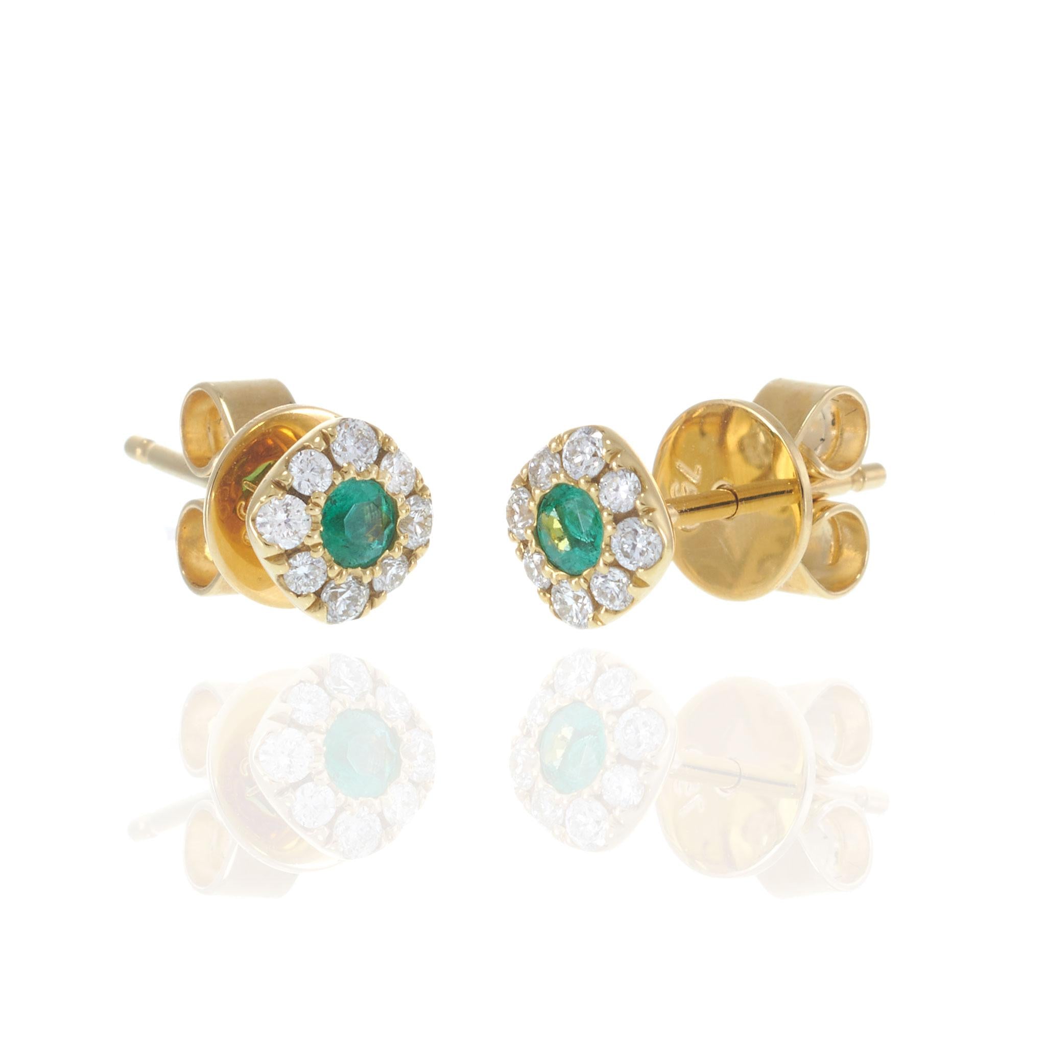 18KT Yellow Gold Emerald and Diamond Halo Cushion Stud Earrings