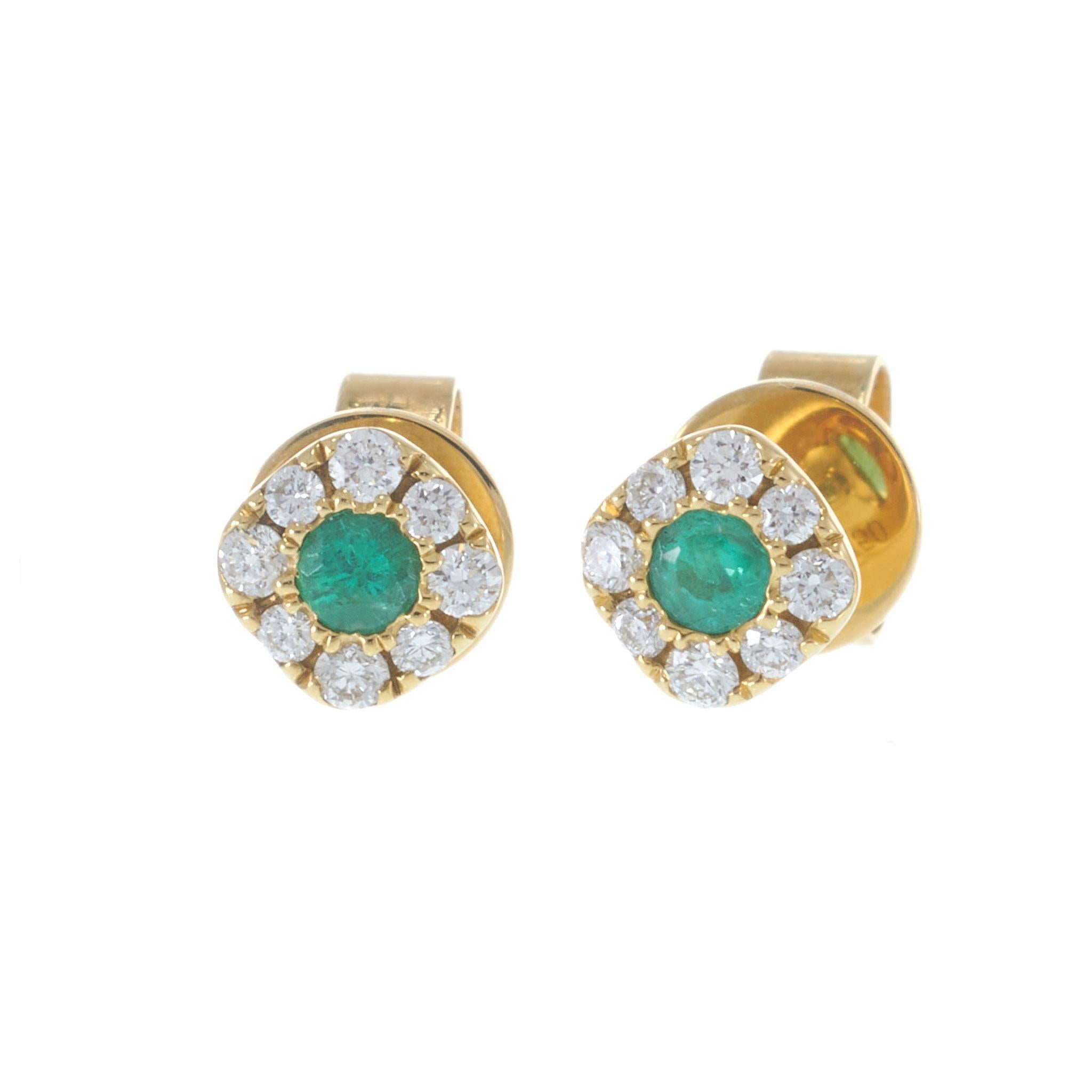 18KT Yellow Gold Emerald and Diamond Halo Cushion Stud Earrings