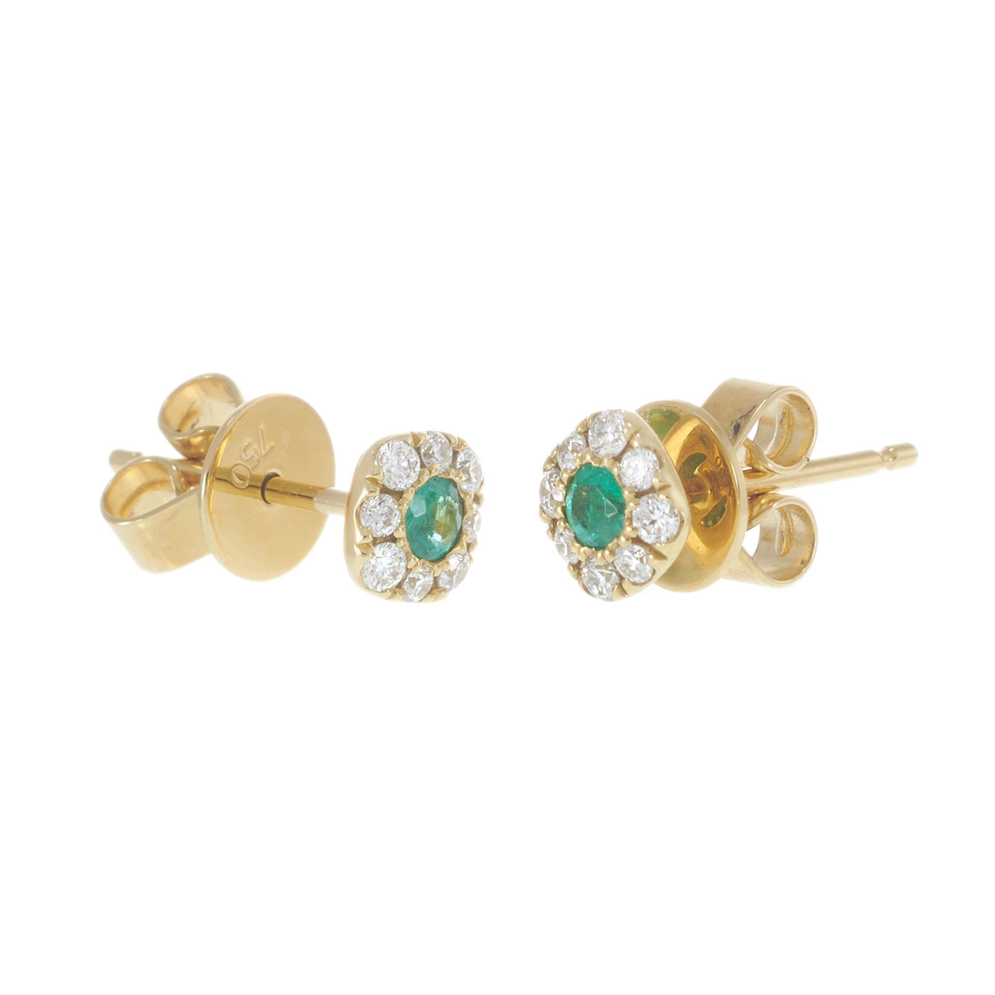 18KT Yellow Gold Emerald and Diamond Halo Cushion Stud Earrings