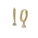 18KT Yellow Gold Diamond Mini Huggie Earrings with Hanging Diamond