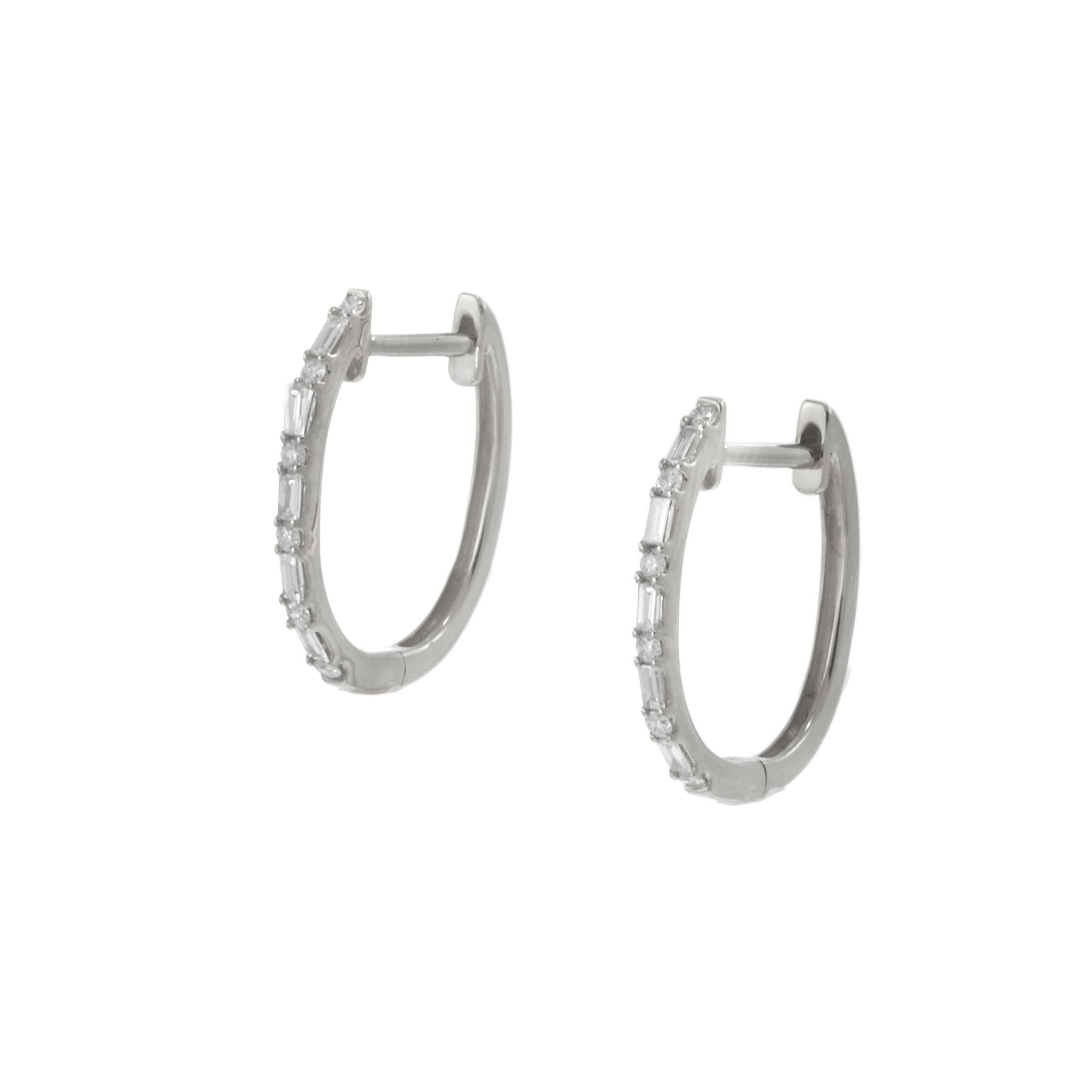 18KT White Gold Diamond Huggie Earrings with Round & Baguette Cuts