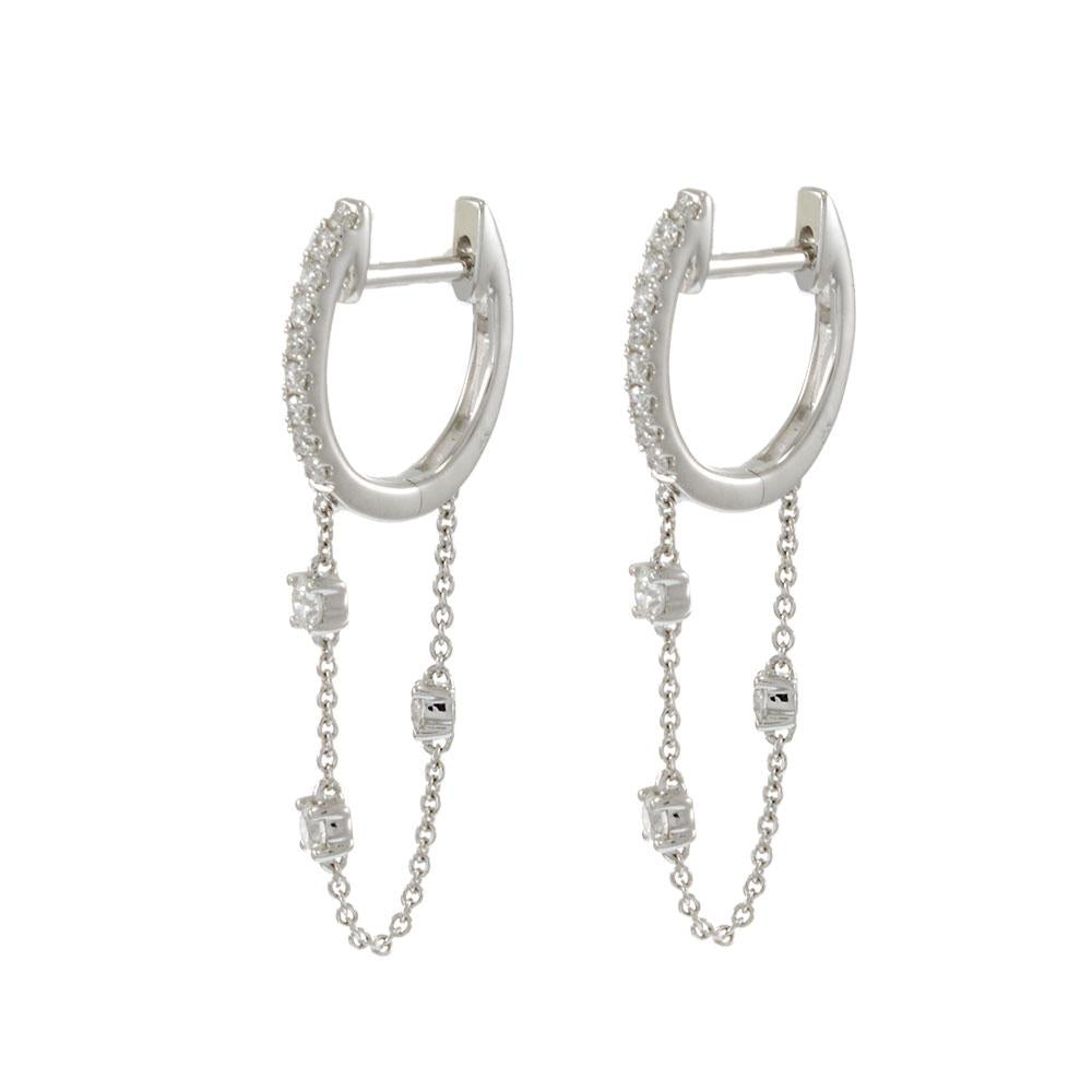 18KT White Gold Diamond Huggie Earrings with Chain Extension