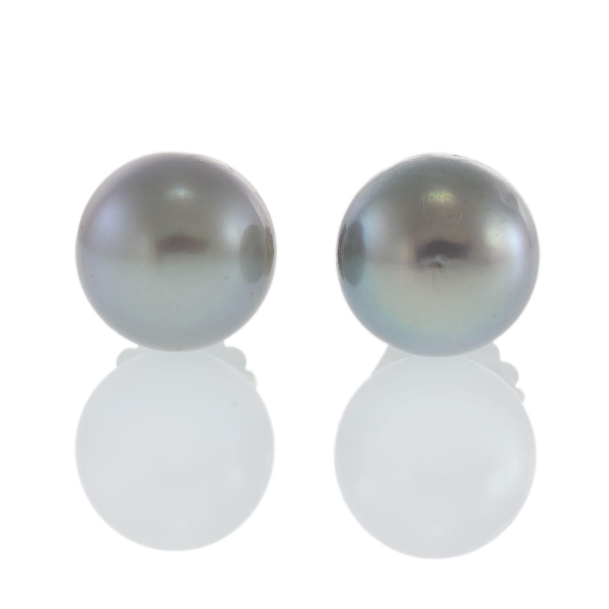 14KT White Gold Grey Tahitian Pearl Stud Earrings