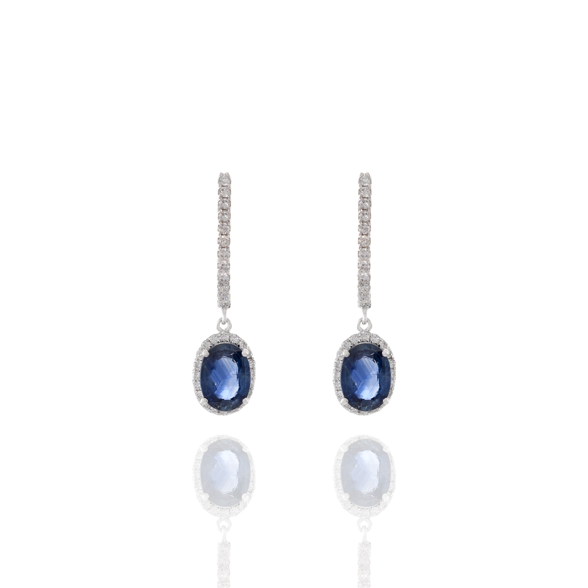 18KT White Gold Diamond And Blue Sapphire Drop Earrings