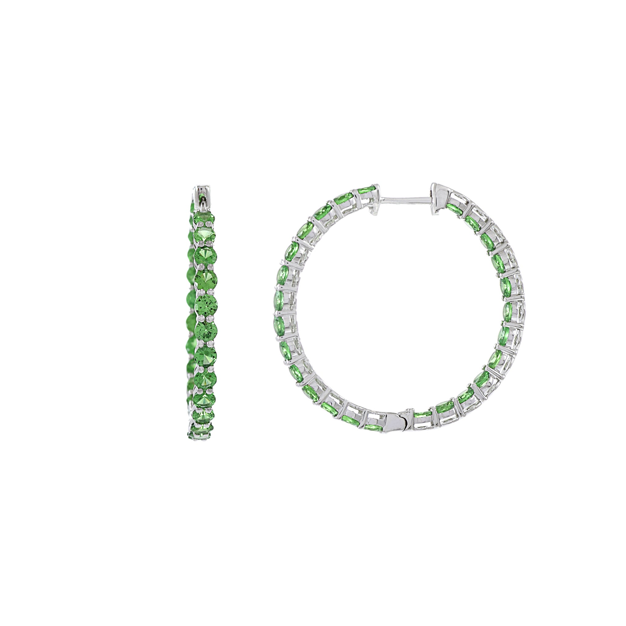 18KT White Gold Green Tsavorite Hoop Earrings